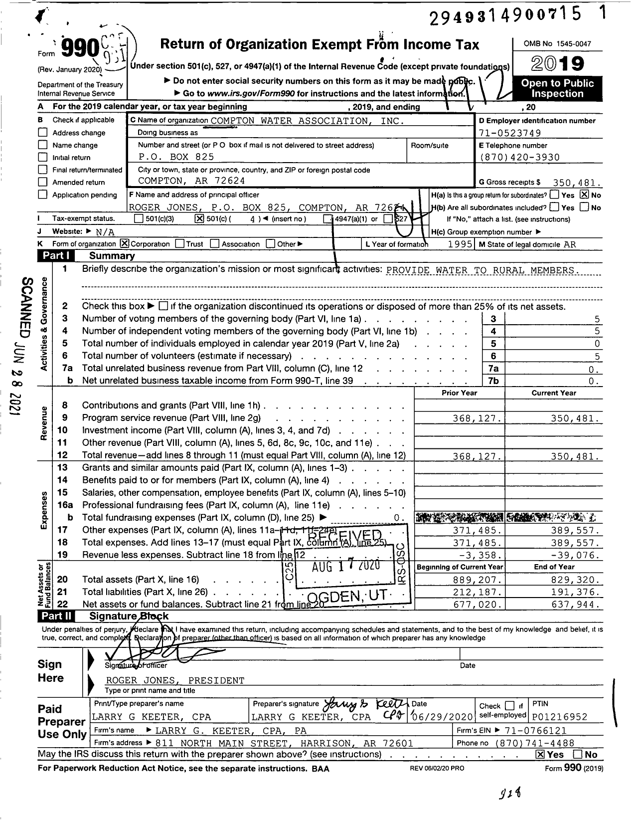 Image of first page of 2019 Form 990O for Compton Water Association