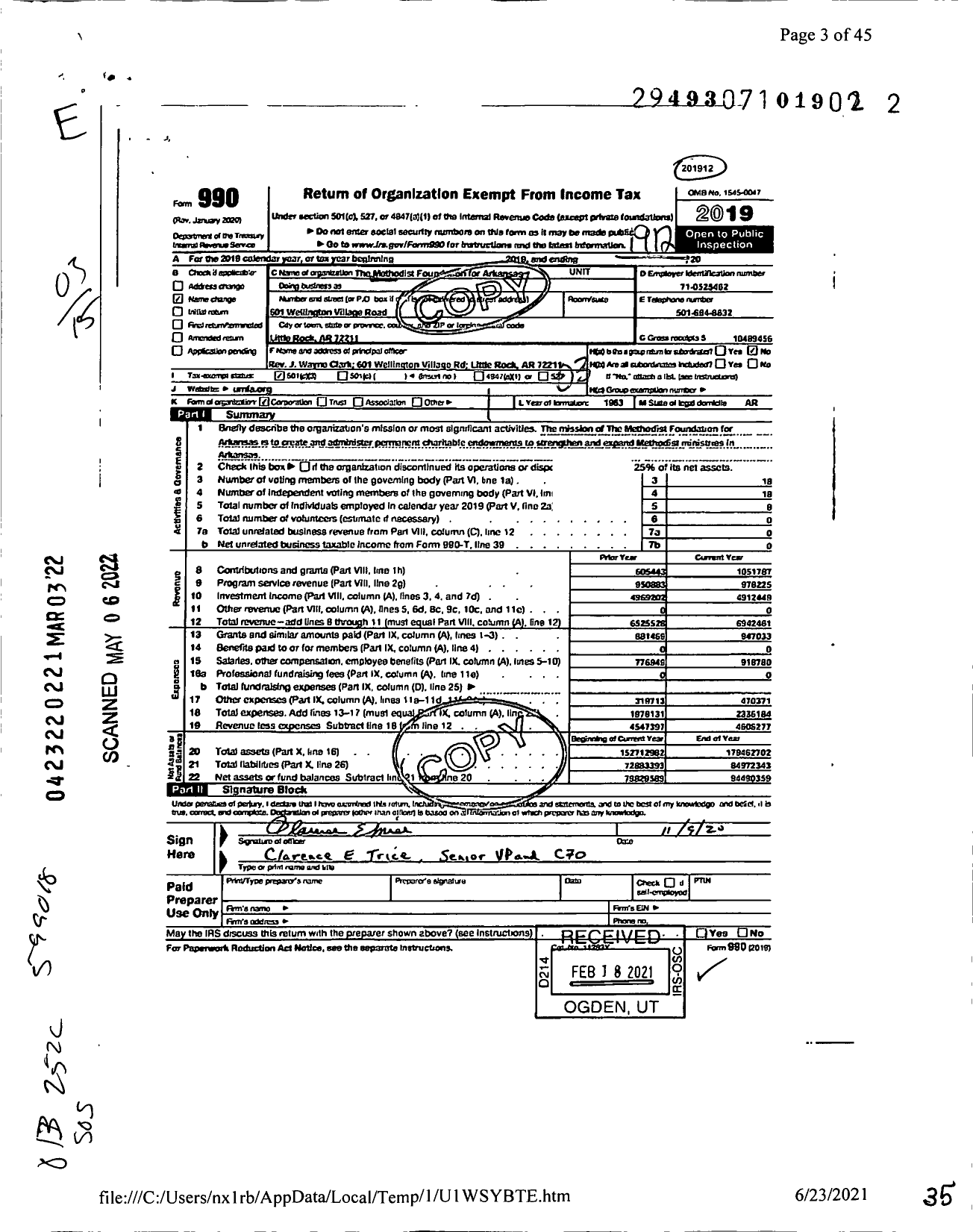 Image of first page of 2019 Form 990 for The Methodist Foundation for Arkansas