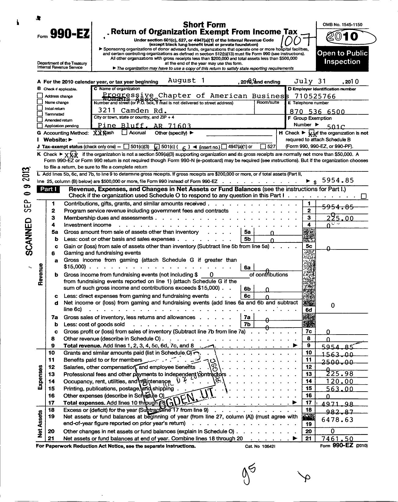 Image of first page of 2009 Form 990EO for Progressive Chapter of American Business Womens Association