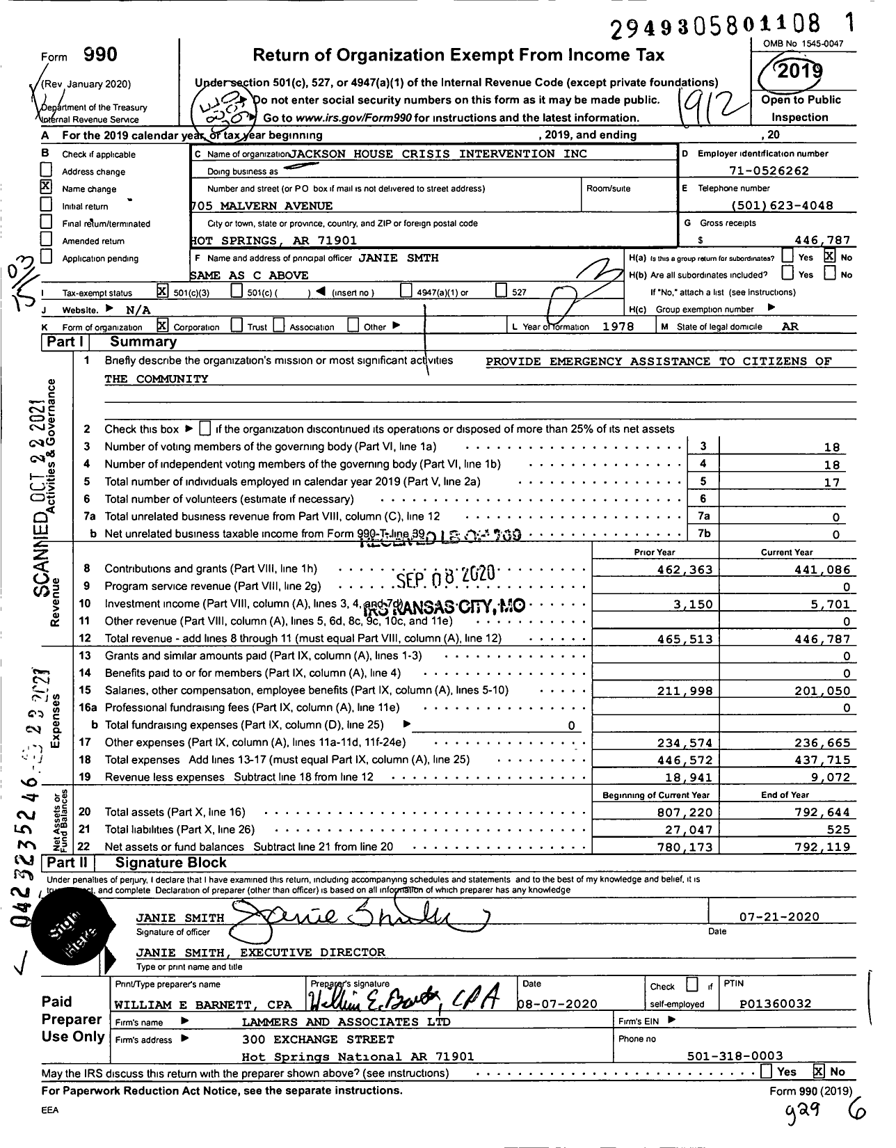 Image of first page of 2019 Form 990 for Jackson House Crisis Intervention