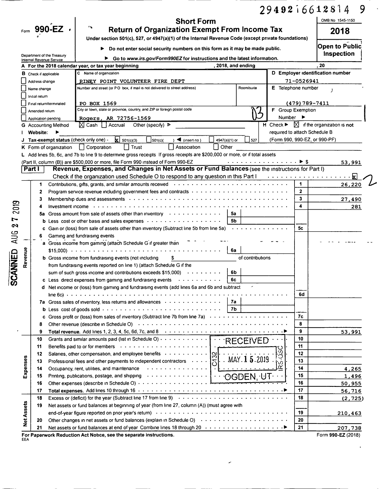 Image of first page of 2018 Form 990EZ for Piney Point Volunteer Fire Dept