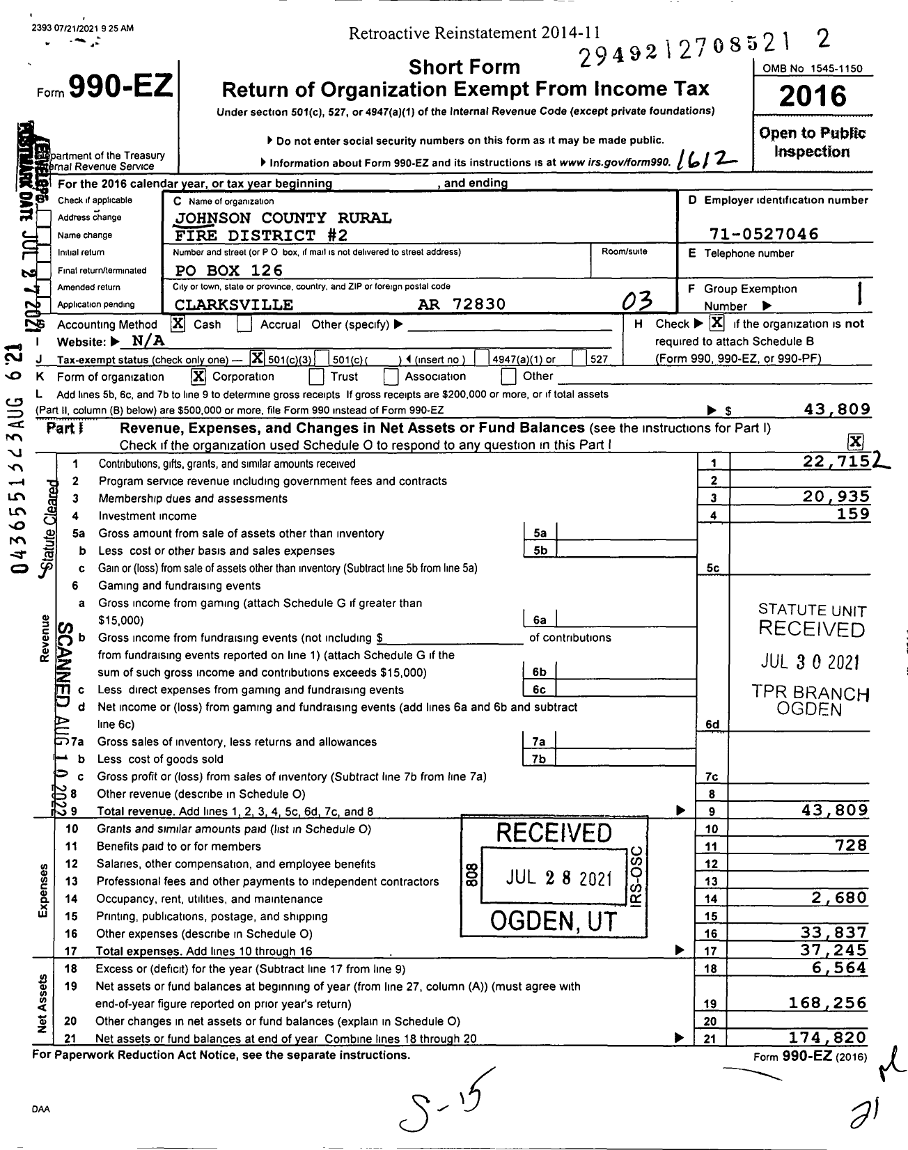 Image of first page of 2020 Form 990EZ for Johnson County Rural Fire District 2