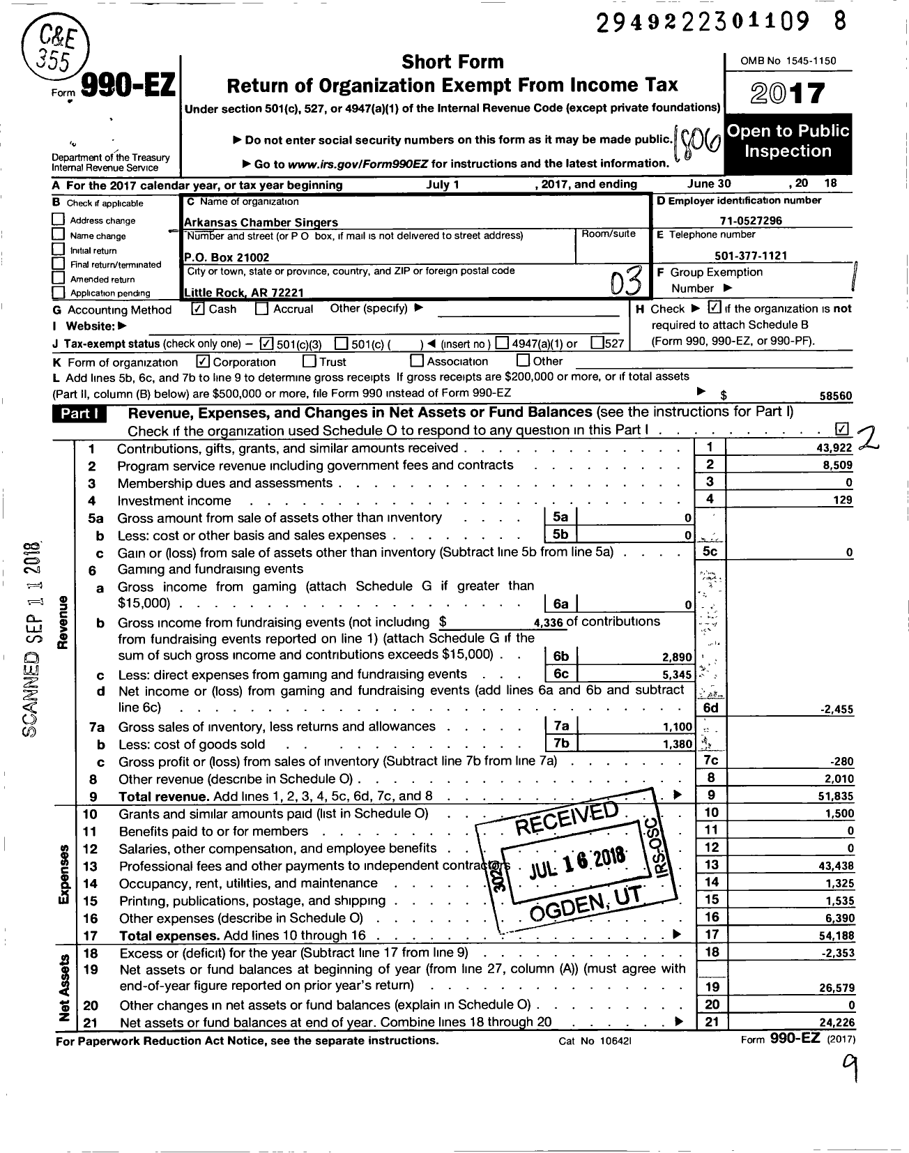 Image of first page of 2017 Form 990EZ for Arkansas Chamber Singers