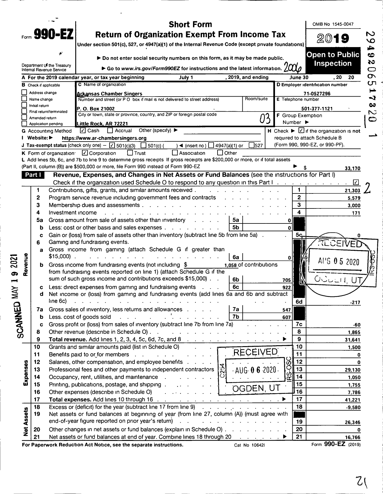 Image of first page of 2019 Form 990EZ for Arkansas Chamber Singers