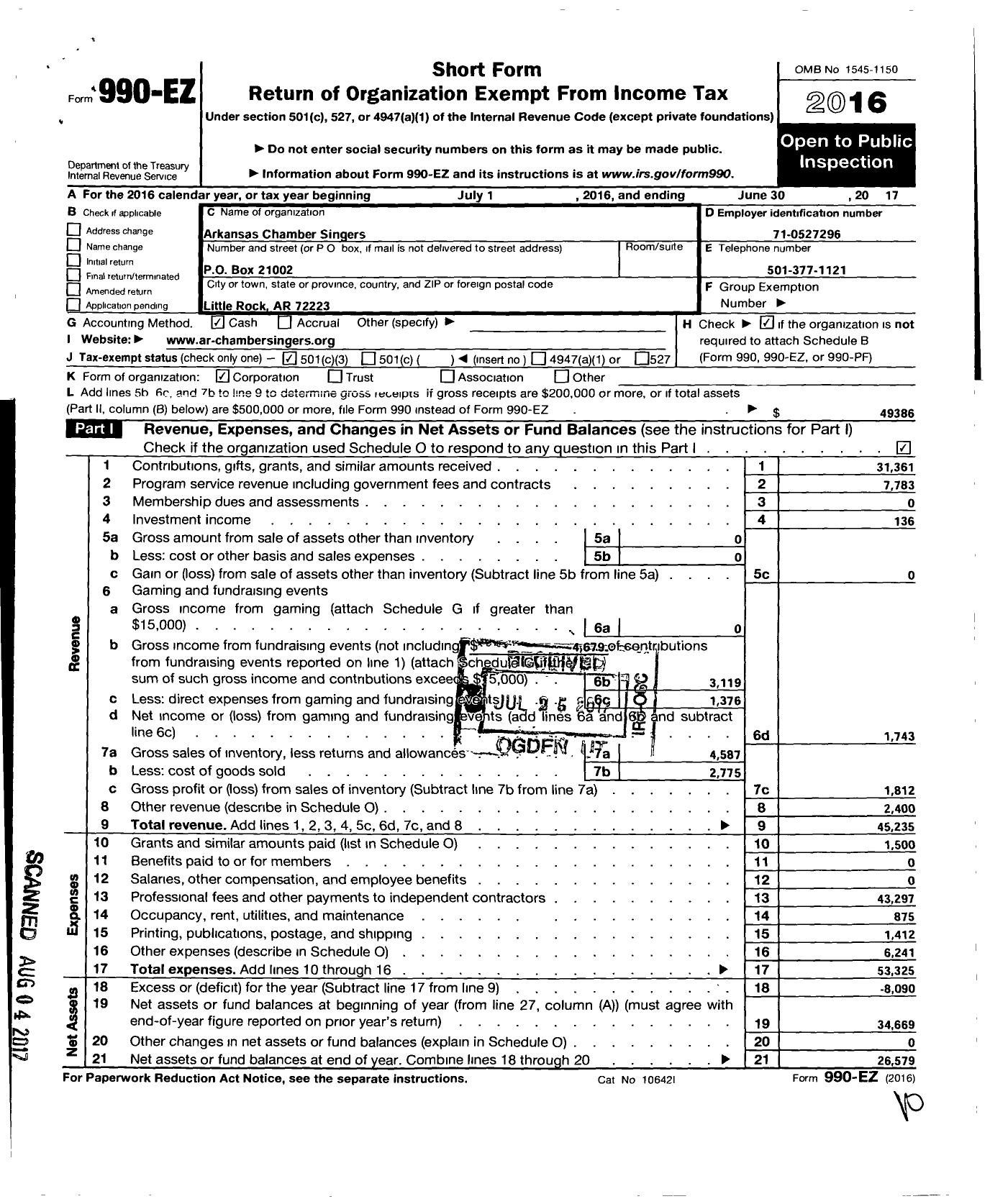 Image of first page of 2016 Form 990EZ for Arkansas Chamber Singers