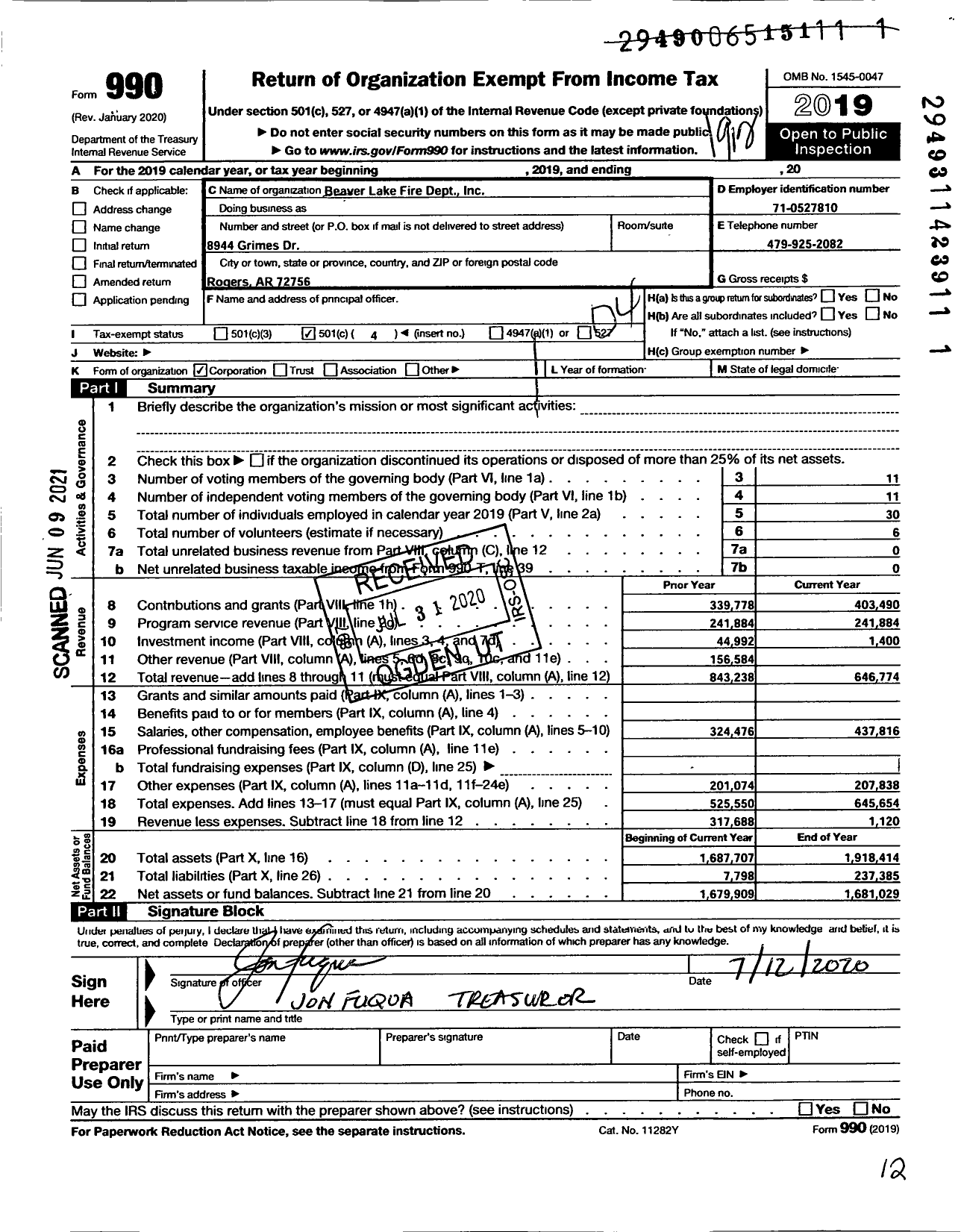 Image of first page of 2019 Form 990O for Beaver Lake Fire Department