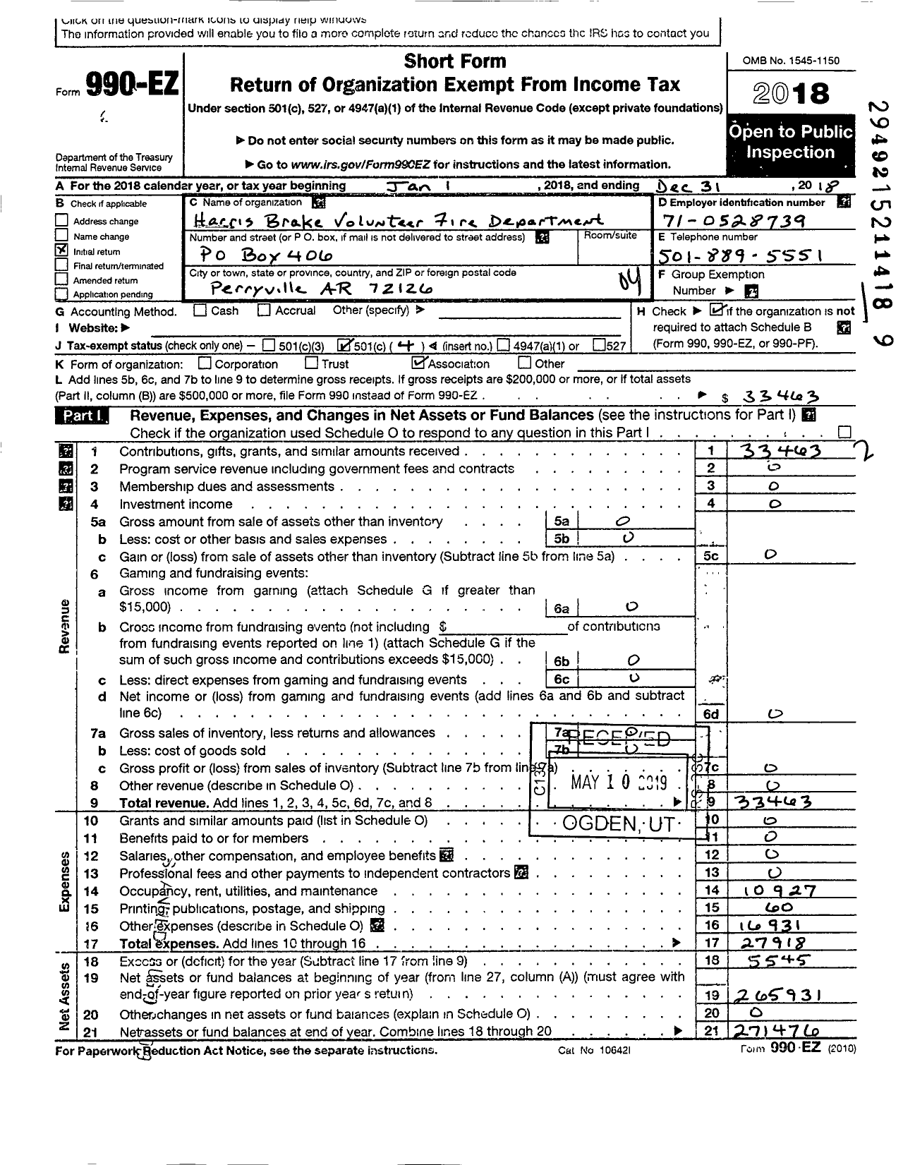 Image of first page of 2018 Form 990EO for harris brake volunteer fire department