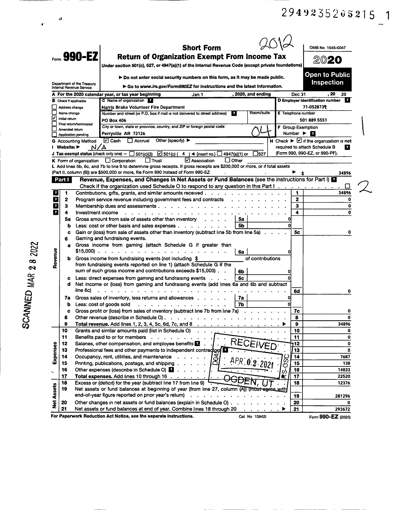 Image of first page of 2020 Form 990EO for harris brake volunteer fire department