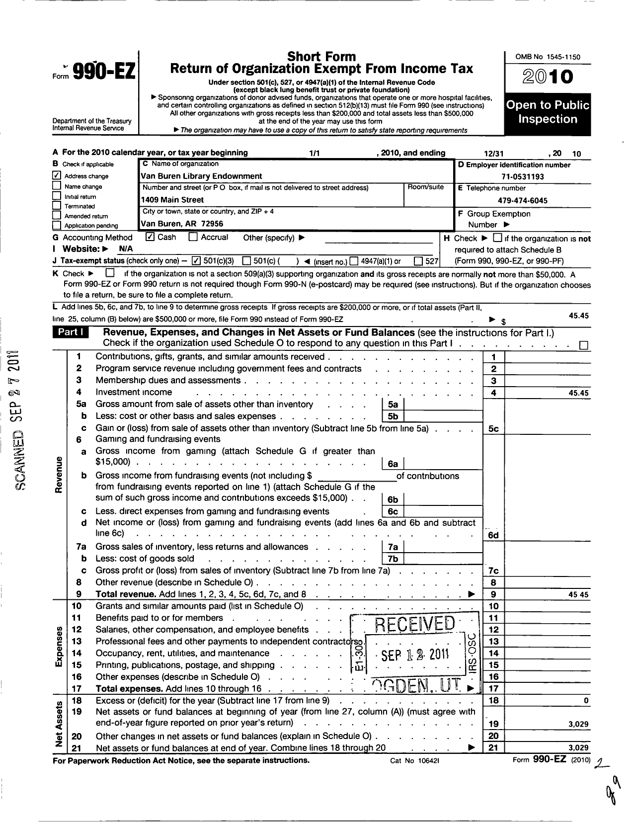 Image of first page of 2010 Form 990EZ for The Van Buren Library Endowment Fund