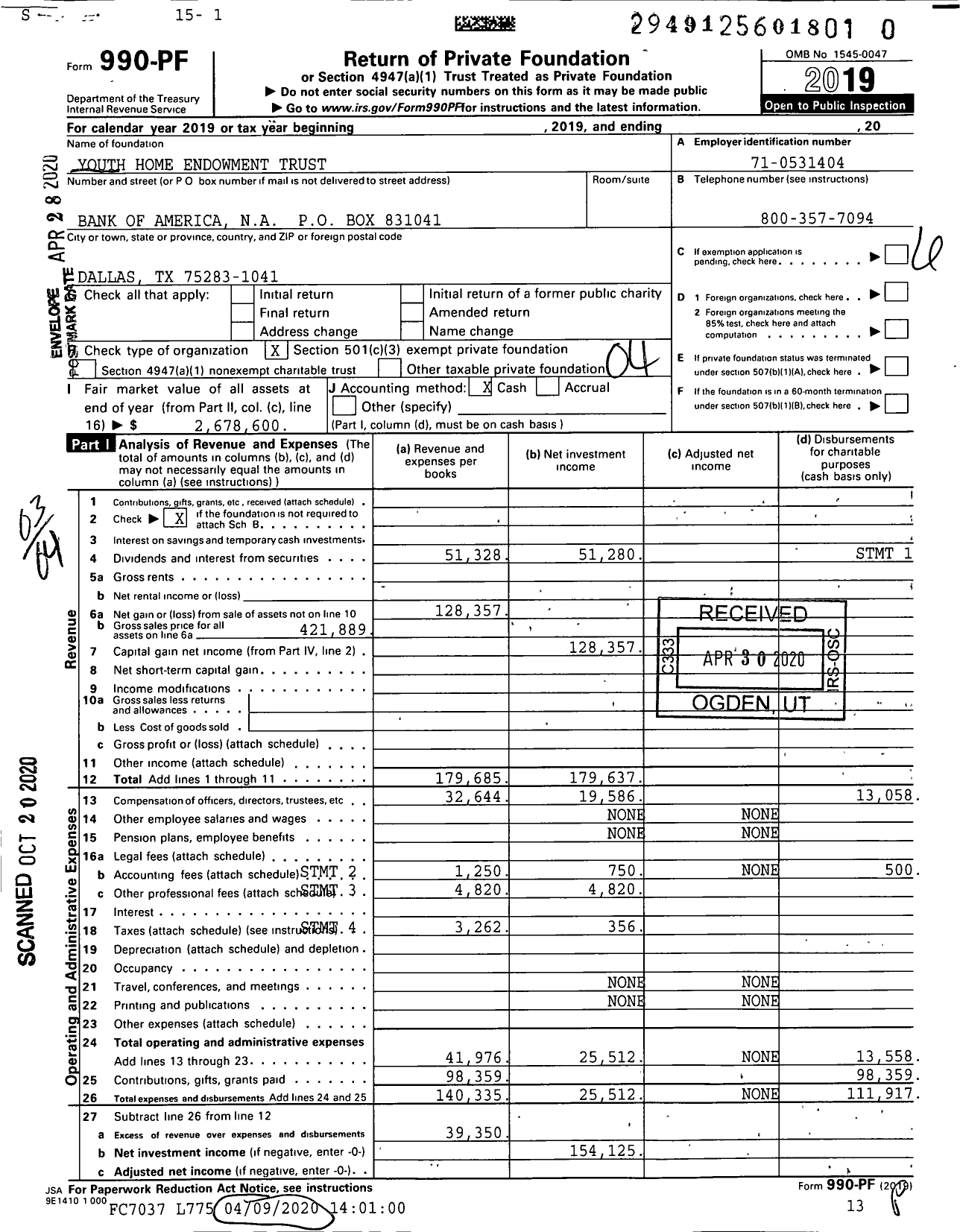 Image of first page of 2019 Form 990PR for Youth Home Endowment Trust