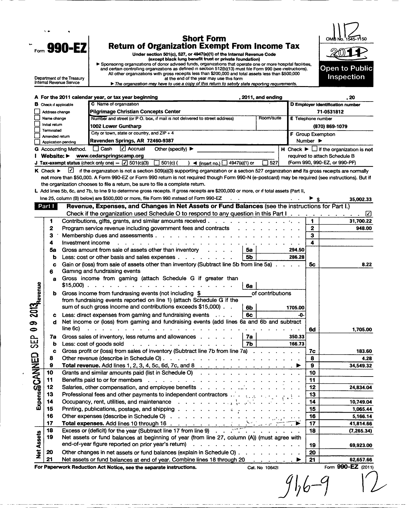 Image of first page of 2011 Form 990EZ for Pilgrimage Christian Concepts Center