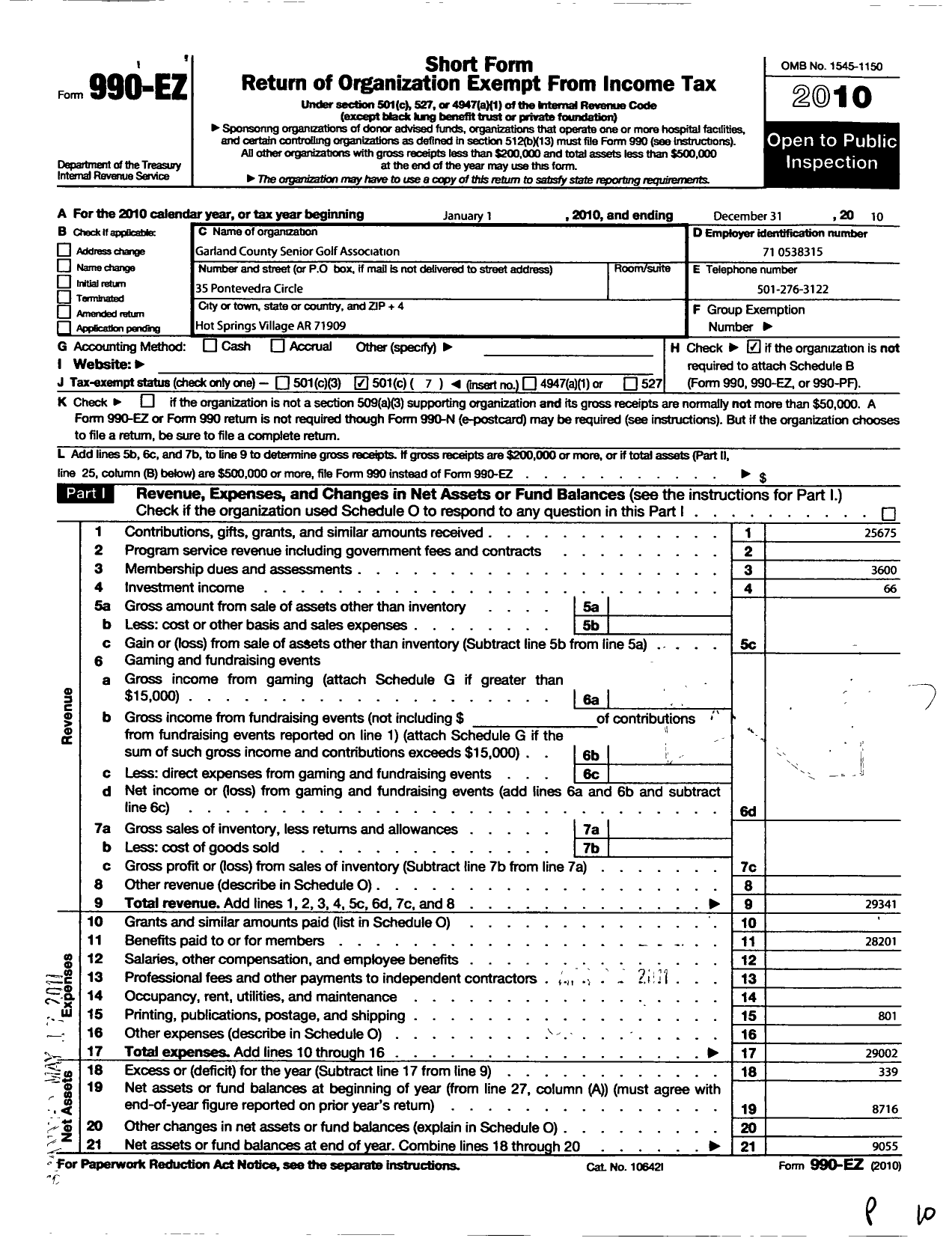 Image of first page of 2010 Form 990EO for Garland County Seniors Golf Association