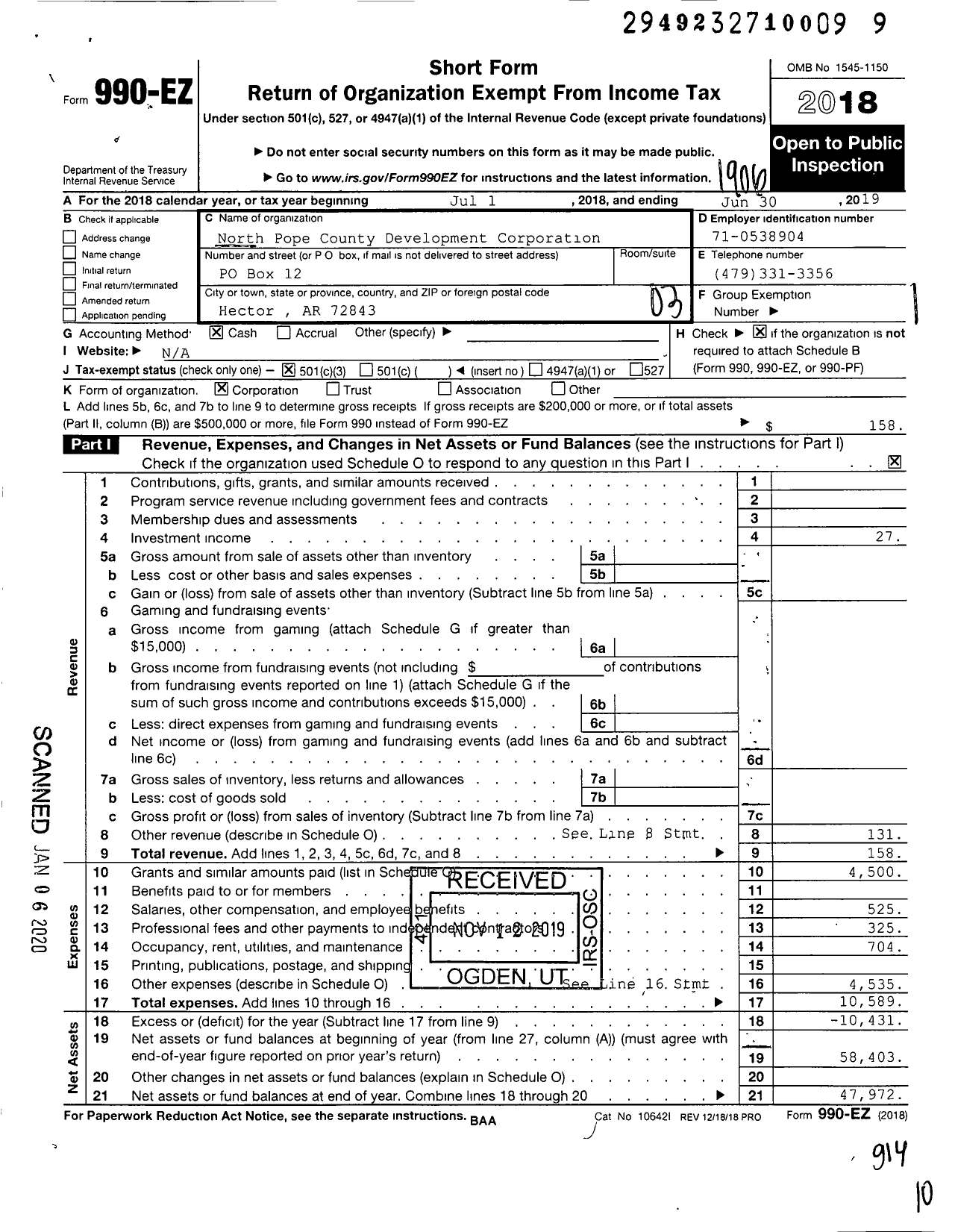 Image of first page of 2018 Form 990EZ for North Pope County Development Corporation