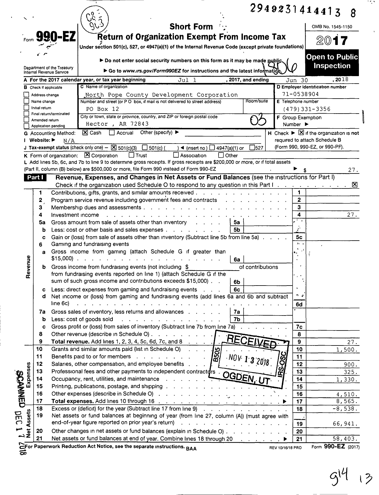 Image of first page of 2017 Form 990EZ for North Pope County Development Corporation