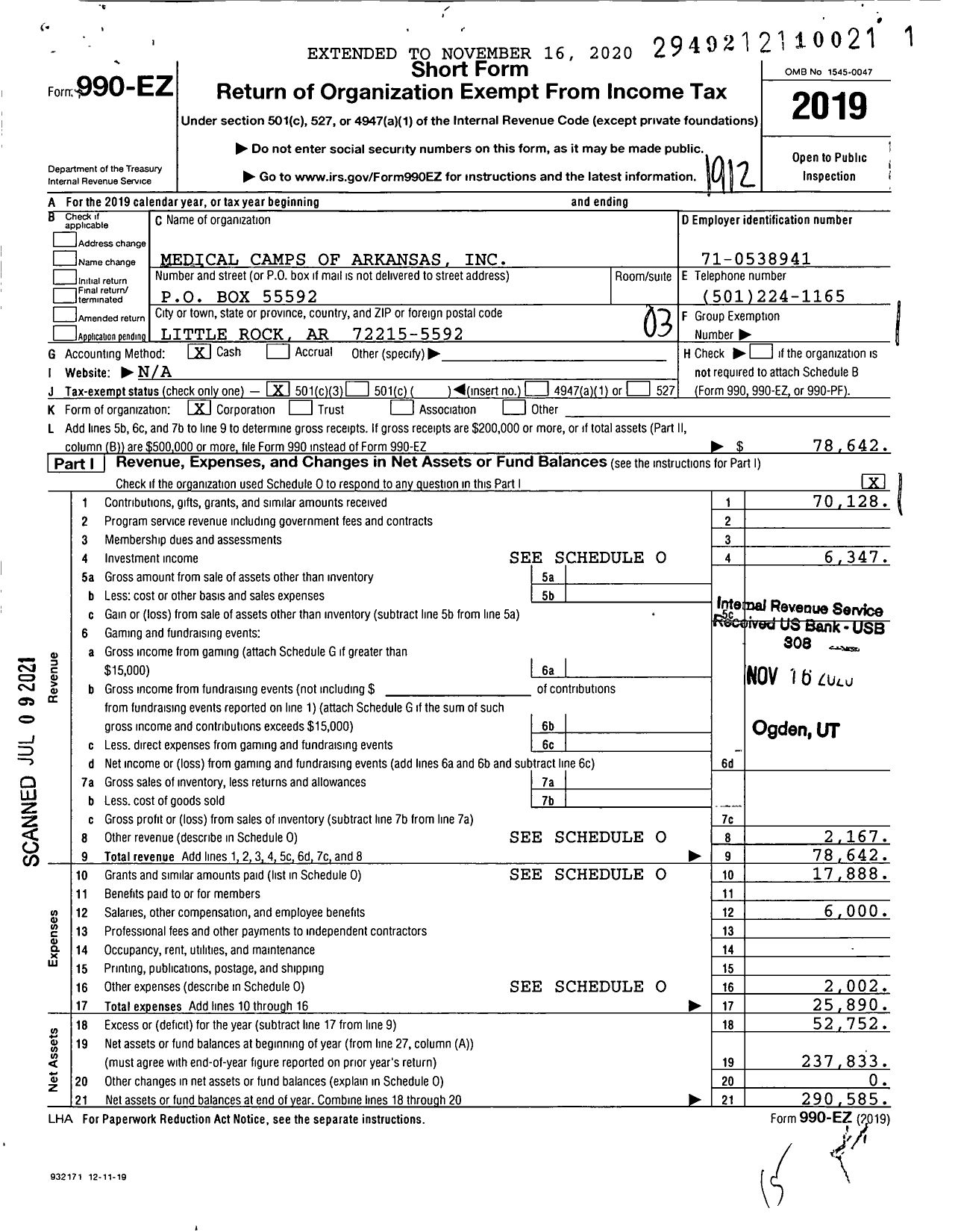 Image of first page of 2019 Form 990EZ for Medical Camps of Arkansas