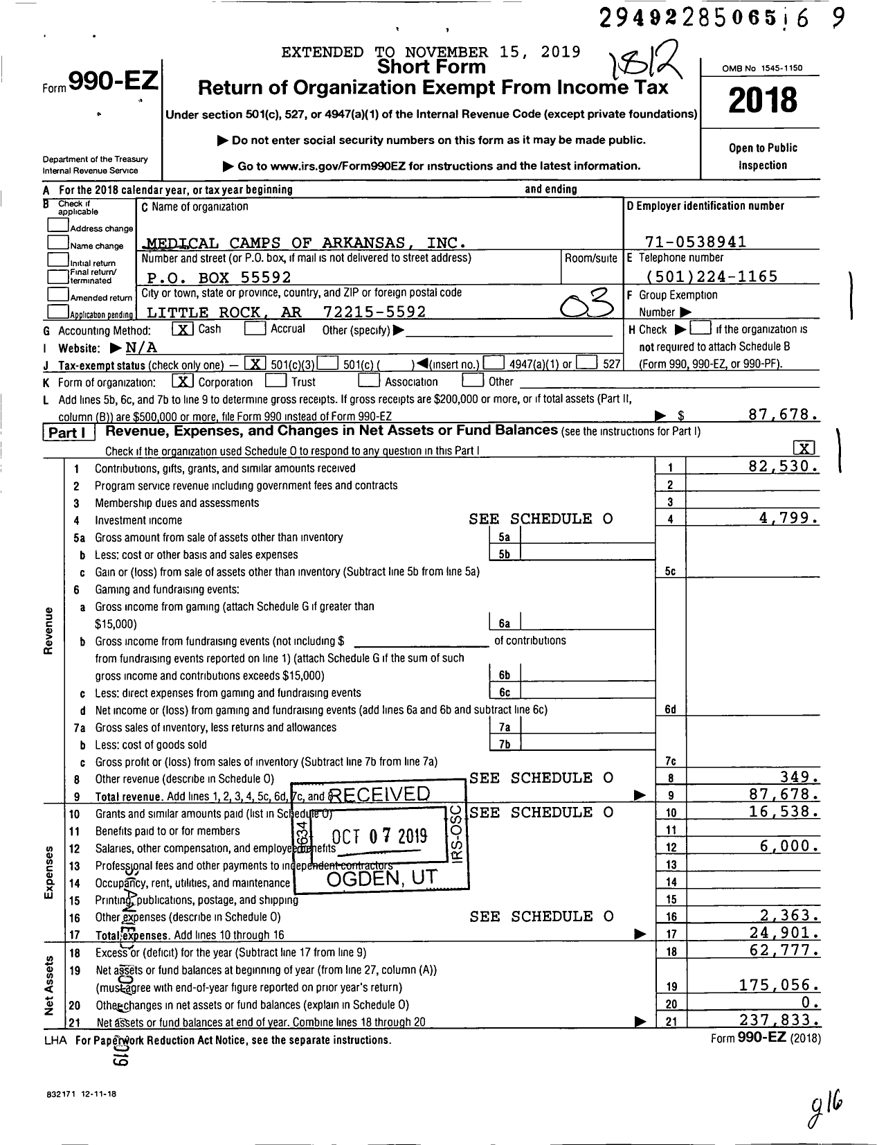 Image of first page of 2018 Form 990EZ for Medical Camps of Arkansas