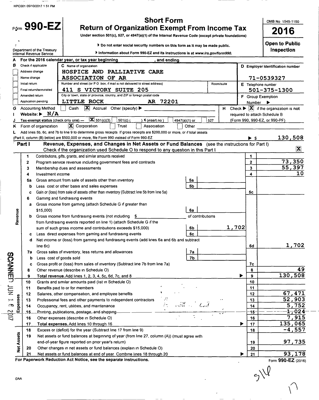 Image of first page of 2016 Form 990EZ for Hospice and Palliative Care Association of AR