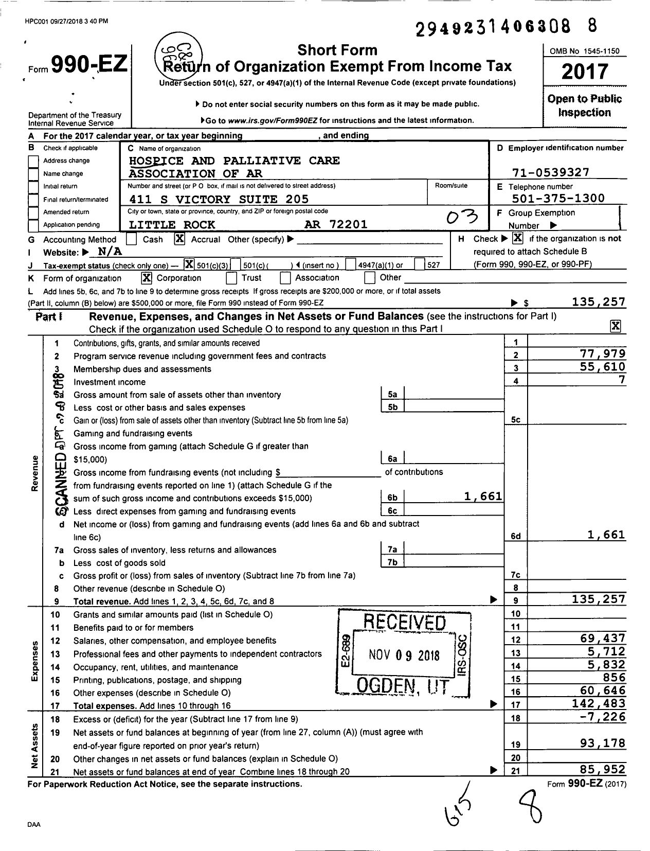 Image of first page of 2017 Form 990EZ for Hospice and Palliative Care Association of AR