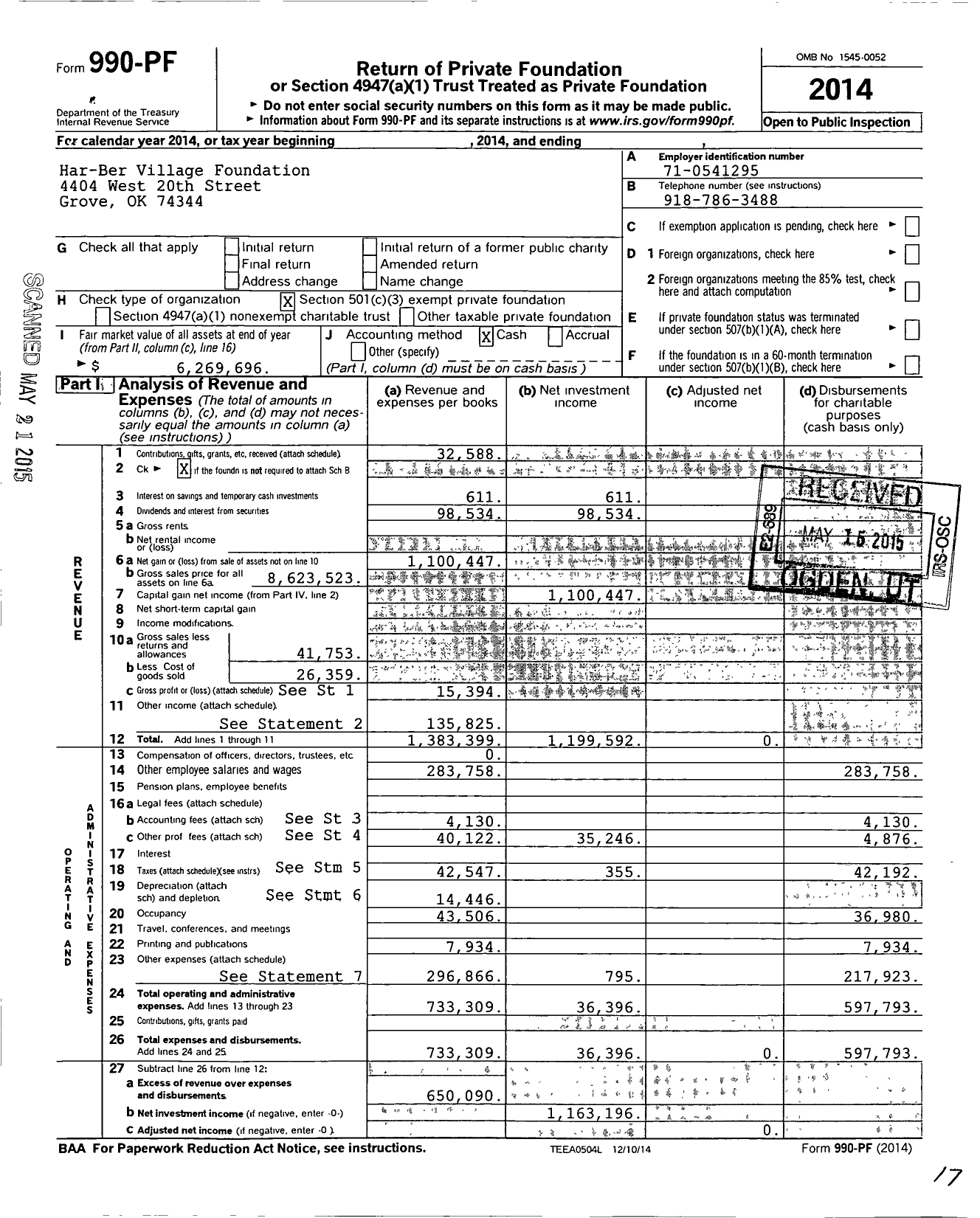 Image of first page of 2014 Form 990PF for Har-Ber Village Foundation