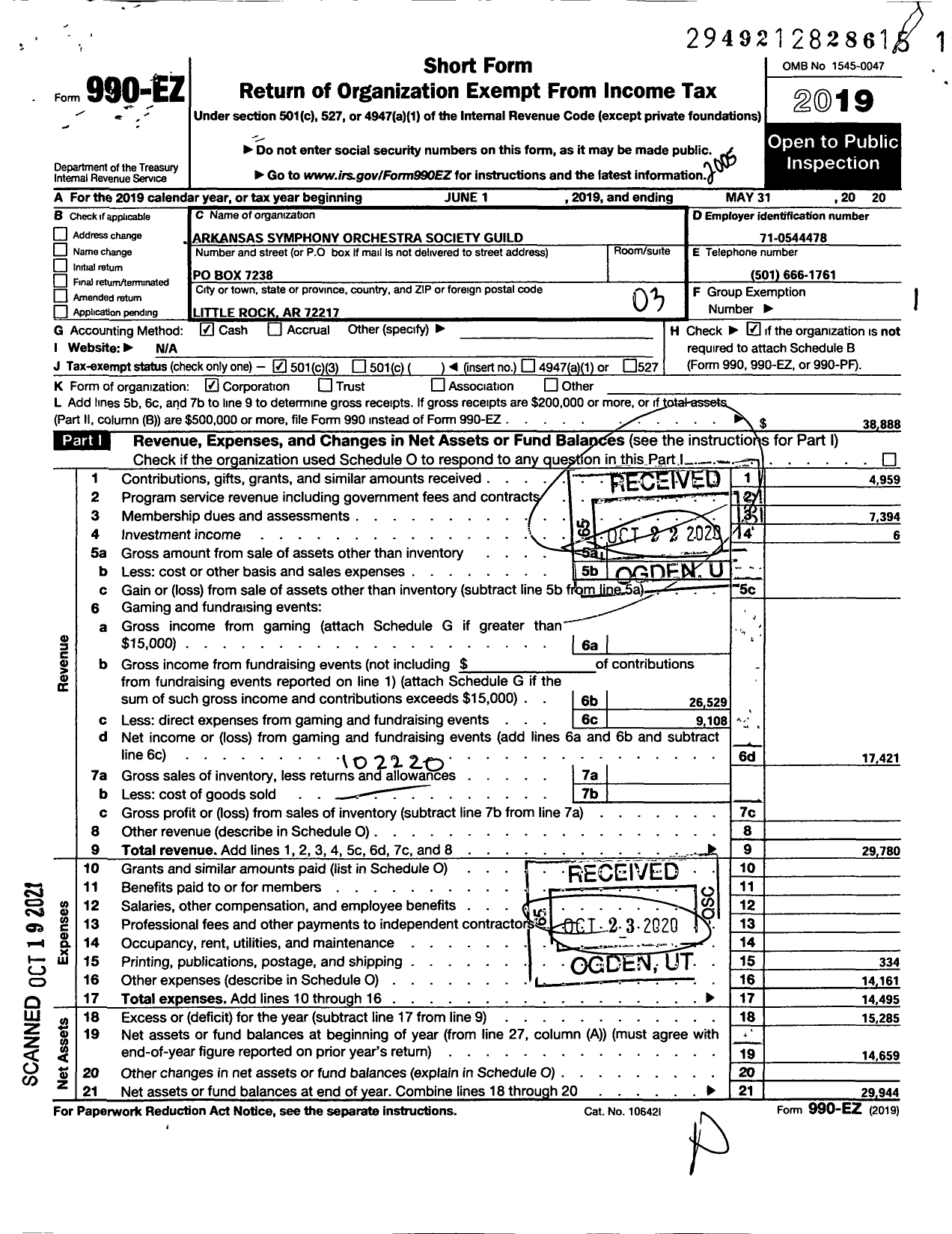 Image of first page of 2019 Form 990EZ for Arkansas Symphony Orchestra Society Guild