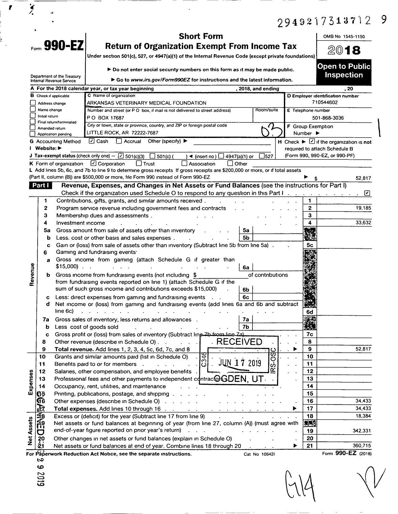 Image of first page of 2018 Form 990EZ for Arkansas Veterinary Medical Foundation