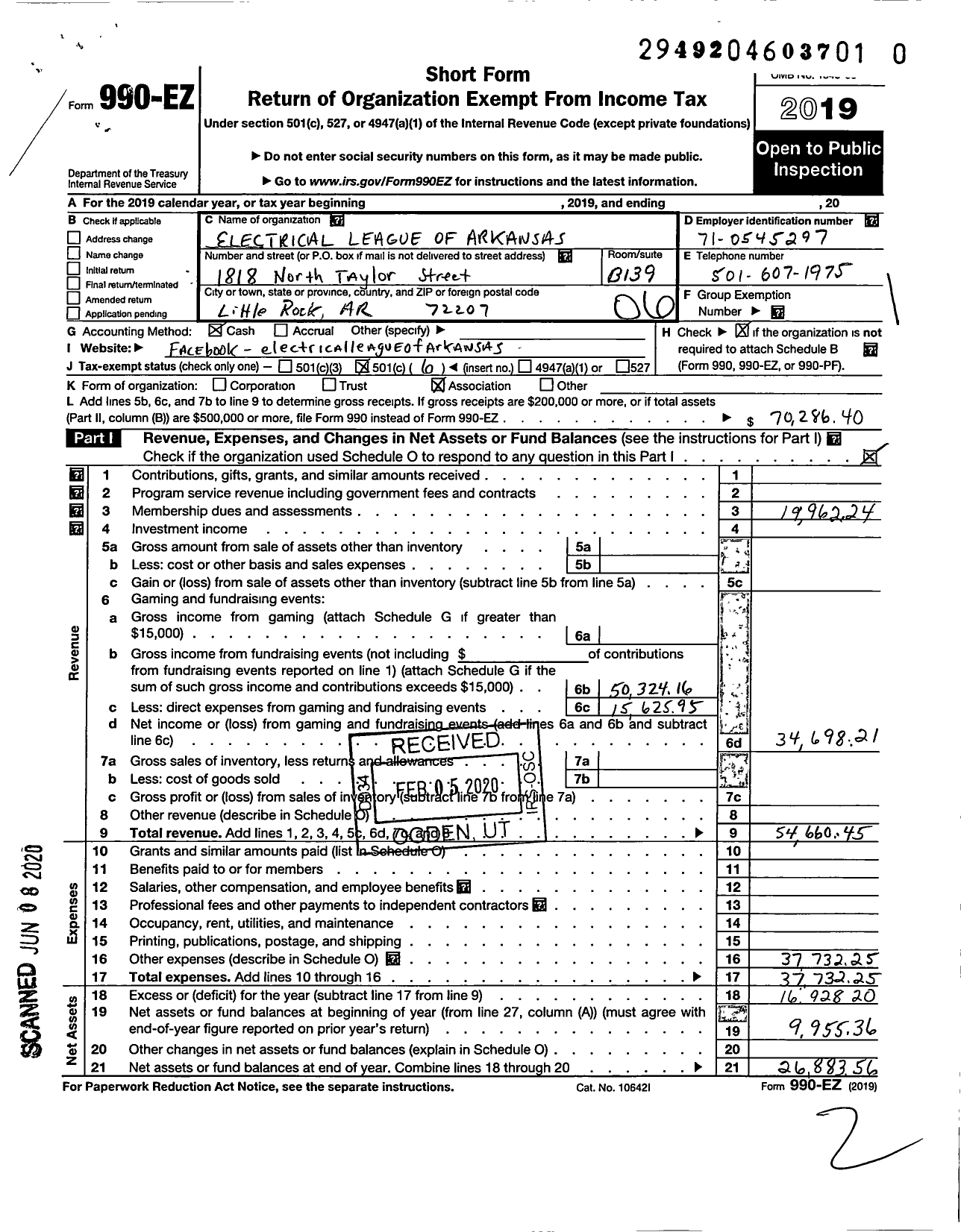 Image of first page of 2019 Form 990EO for Electrical League of Arkansas