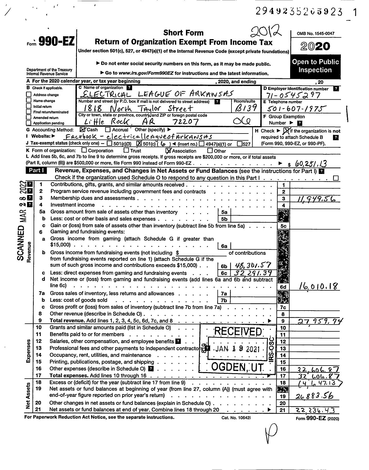 Image of first page of 2020 Form 990EO for Electrical League of Arkansas