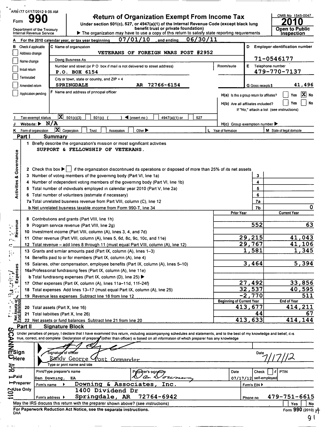 Image of first page of 2010 Form 990 for Veterans of Foreign Wars Department of Arkansas - 2952 Raymond Alstott Springdale