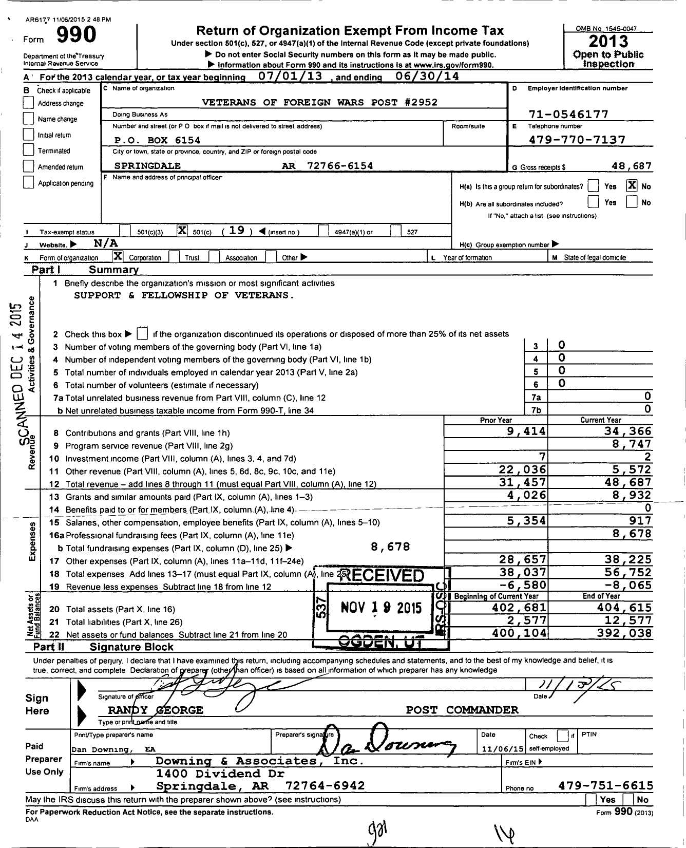 Image of first page of 2013 Form 990O for Veterans of Foreign Wars Department of Arkansas - 2952 Raymond Alstott Springdale