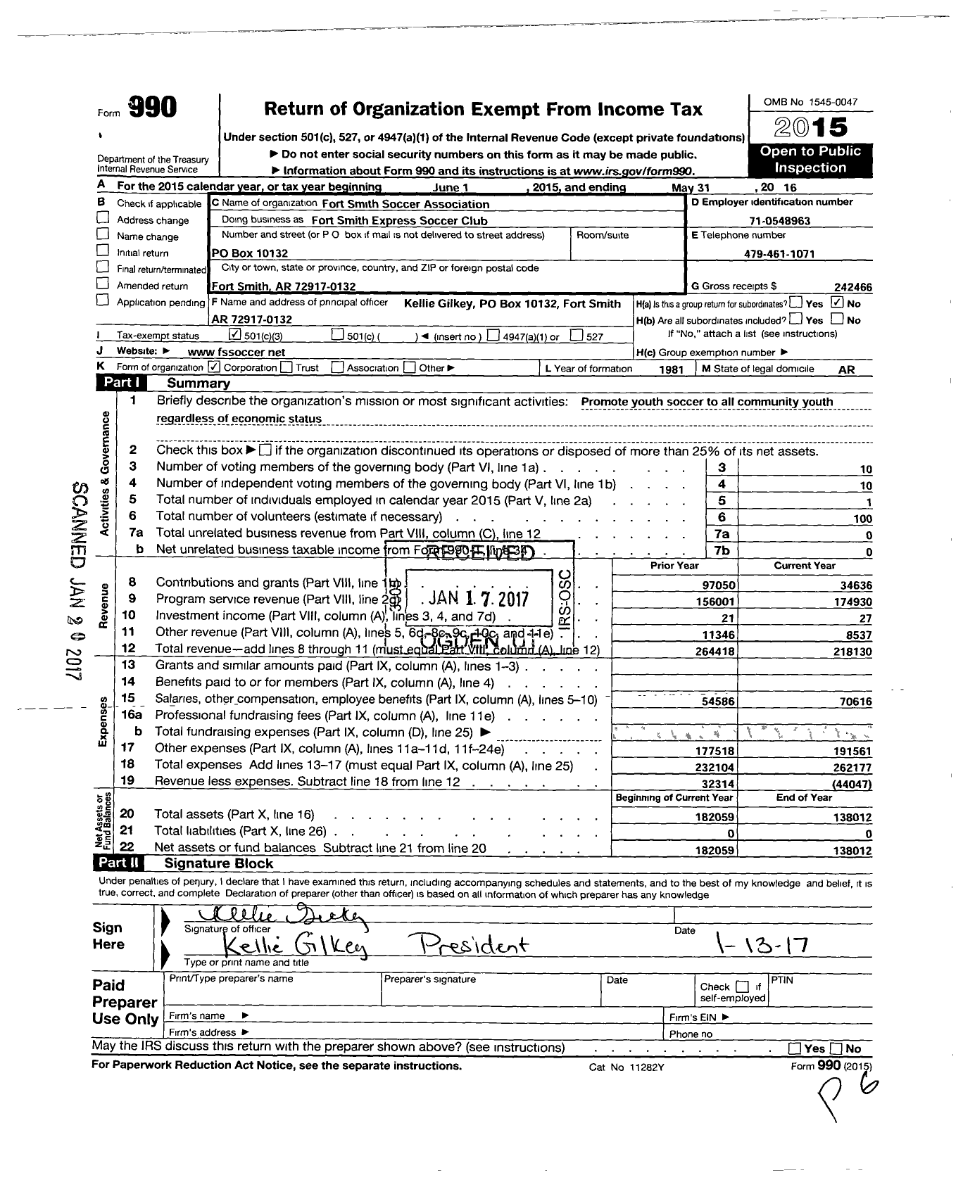 Image of first page of 2015 Form 990 for Fort Smith Soccer Association