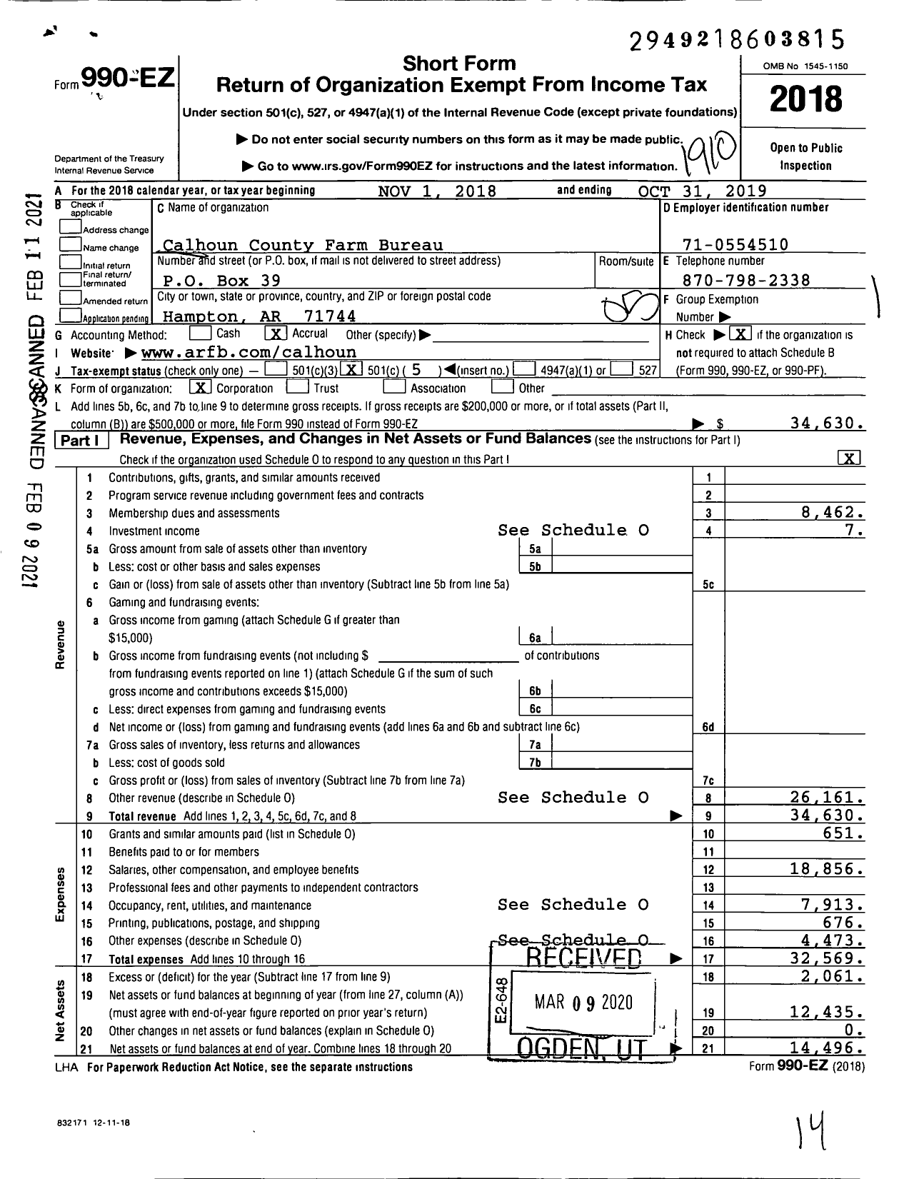 Image of first page of 2018 Form 990EO for Calhoun County Farm Bureau