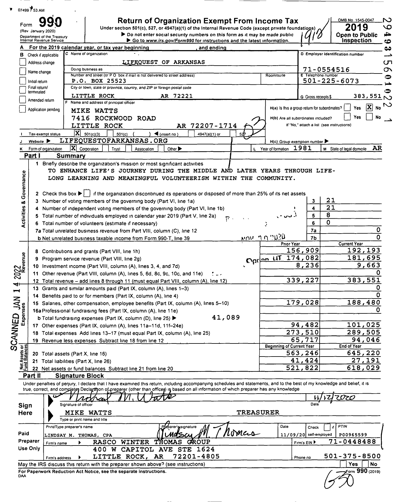 Image of first page of 2019 Form 990 for Lifequest of Arkansas