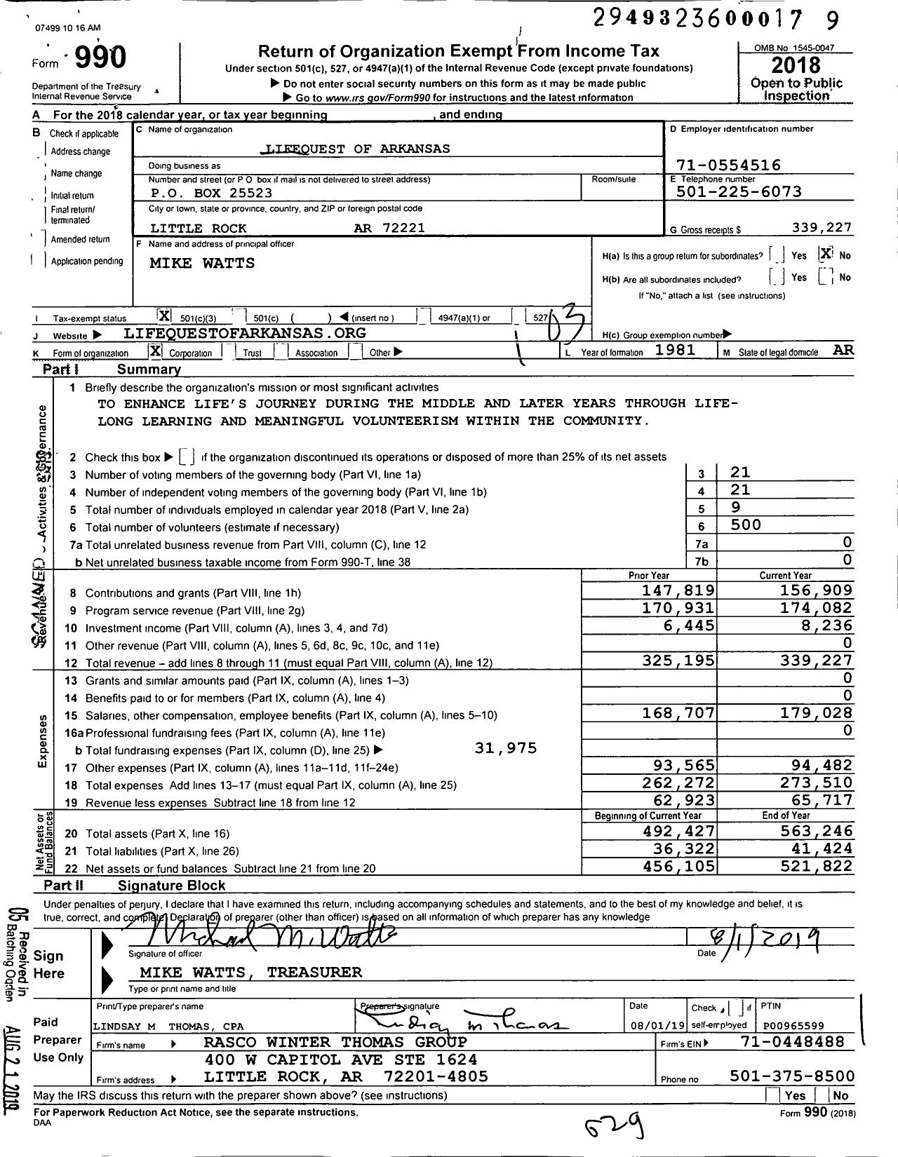 Image of first page of 2018 Form 990 for Lifequest of Arkansas