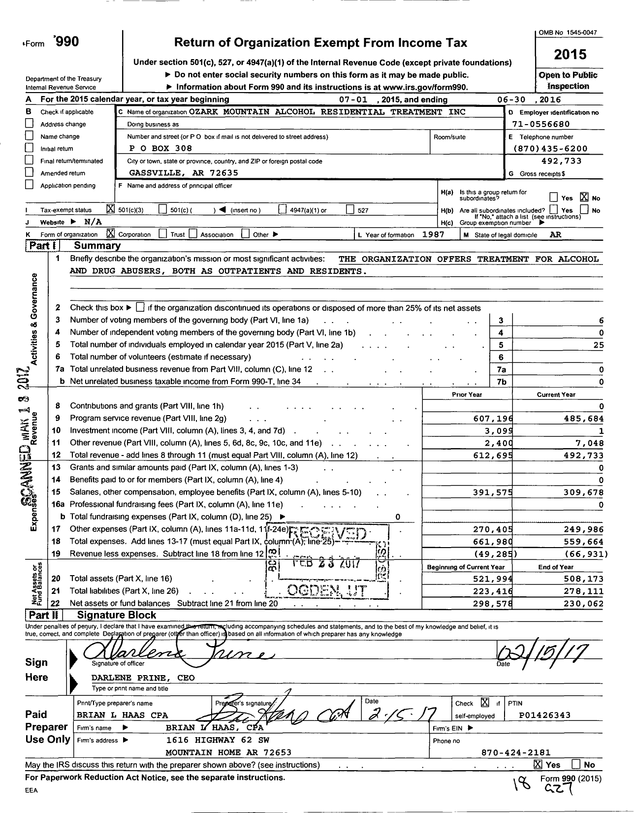 Image of first page of 2015 Form 990 for Ozark Mountain Alcohol Residential Treatment