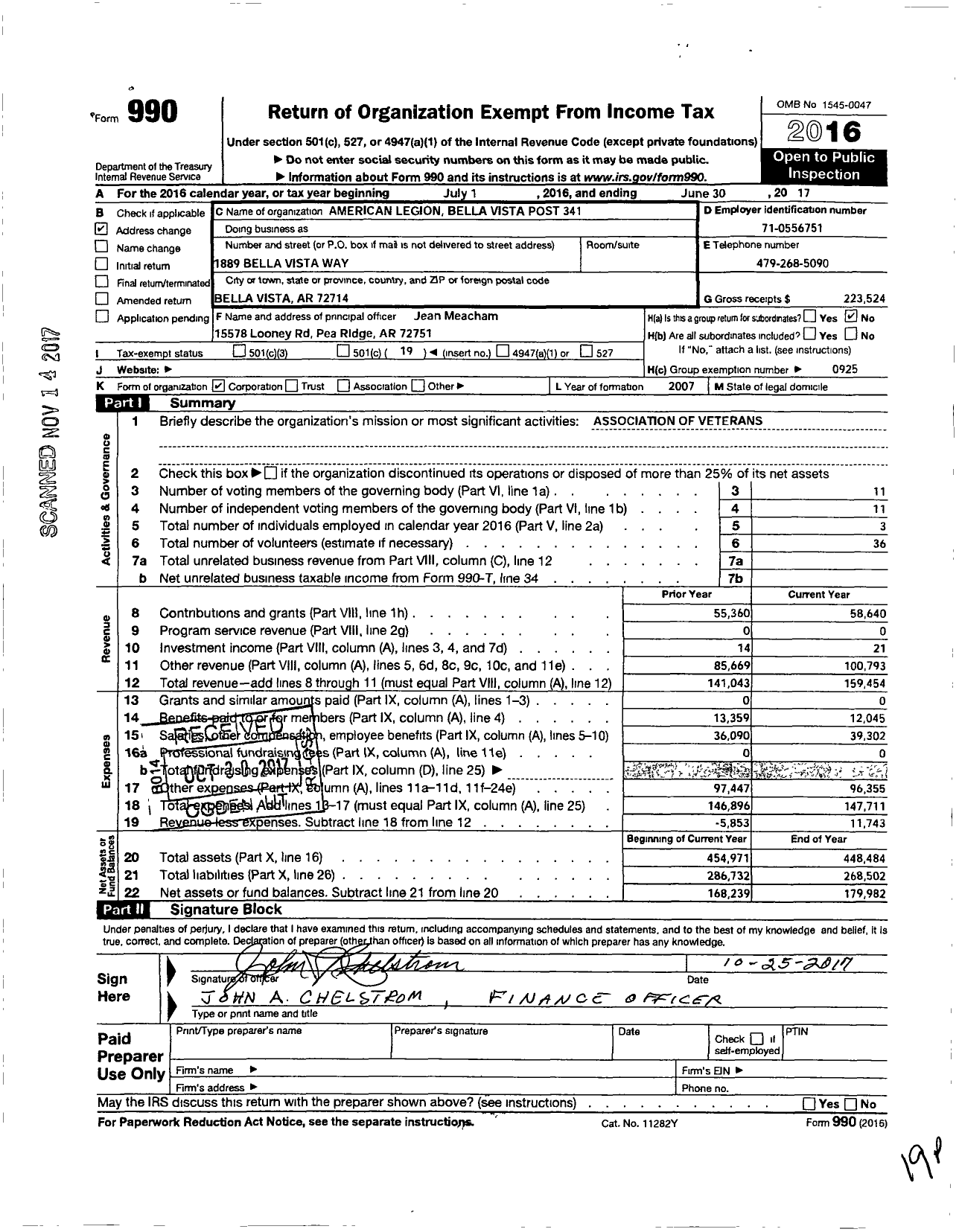 Image of first page of 2016 Form 990O for American Legion - 341 Willard E Rocky Glidewell