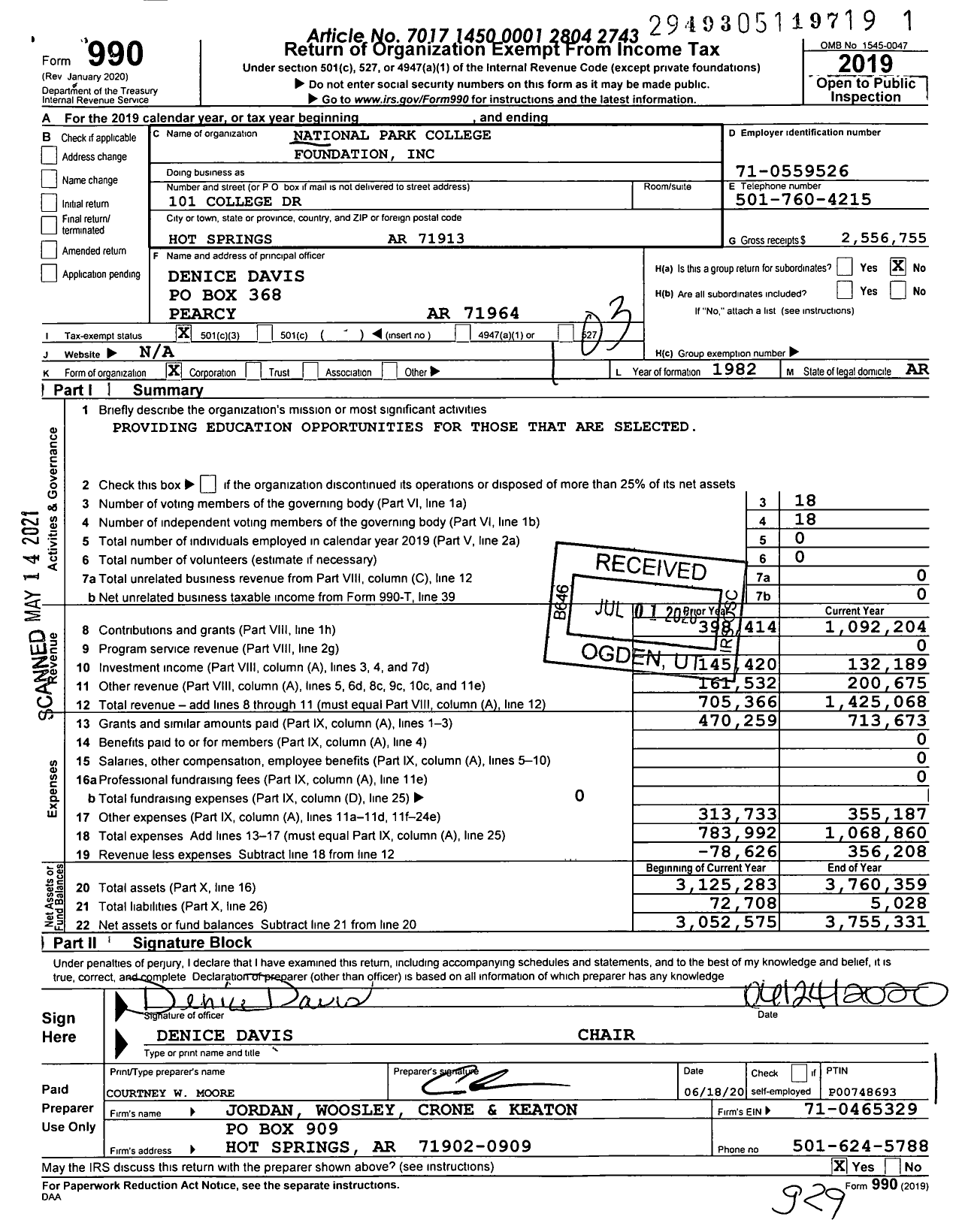 Image of first page of 2019 Form 990 for National Park College Foundation