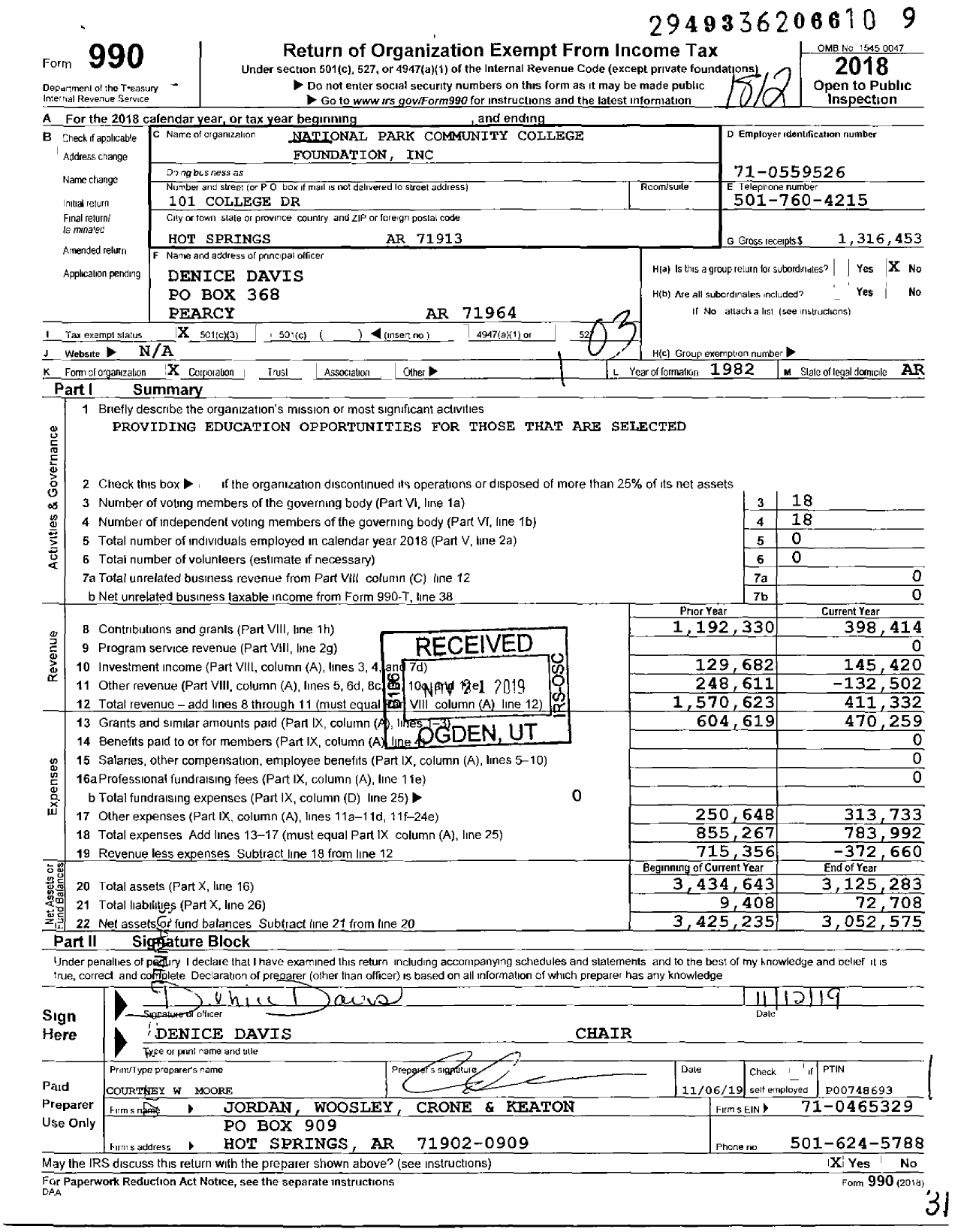 Image of first page of 2018 Form 990 for National Park College Foundation