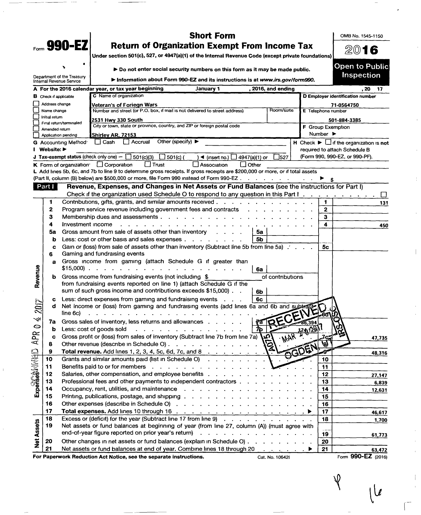 Image of first page of 2016 Form 990EO for Veterans of Foreign Wars Department of Arkansas - 4513 Fairfield Bay