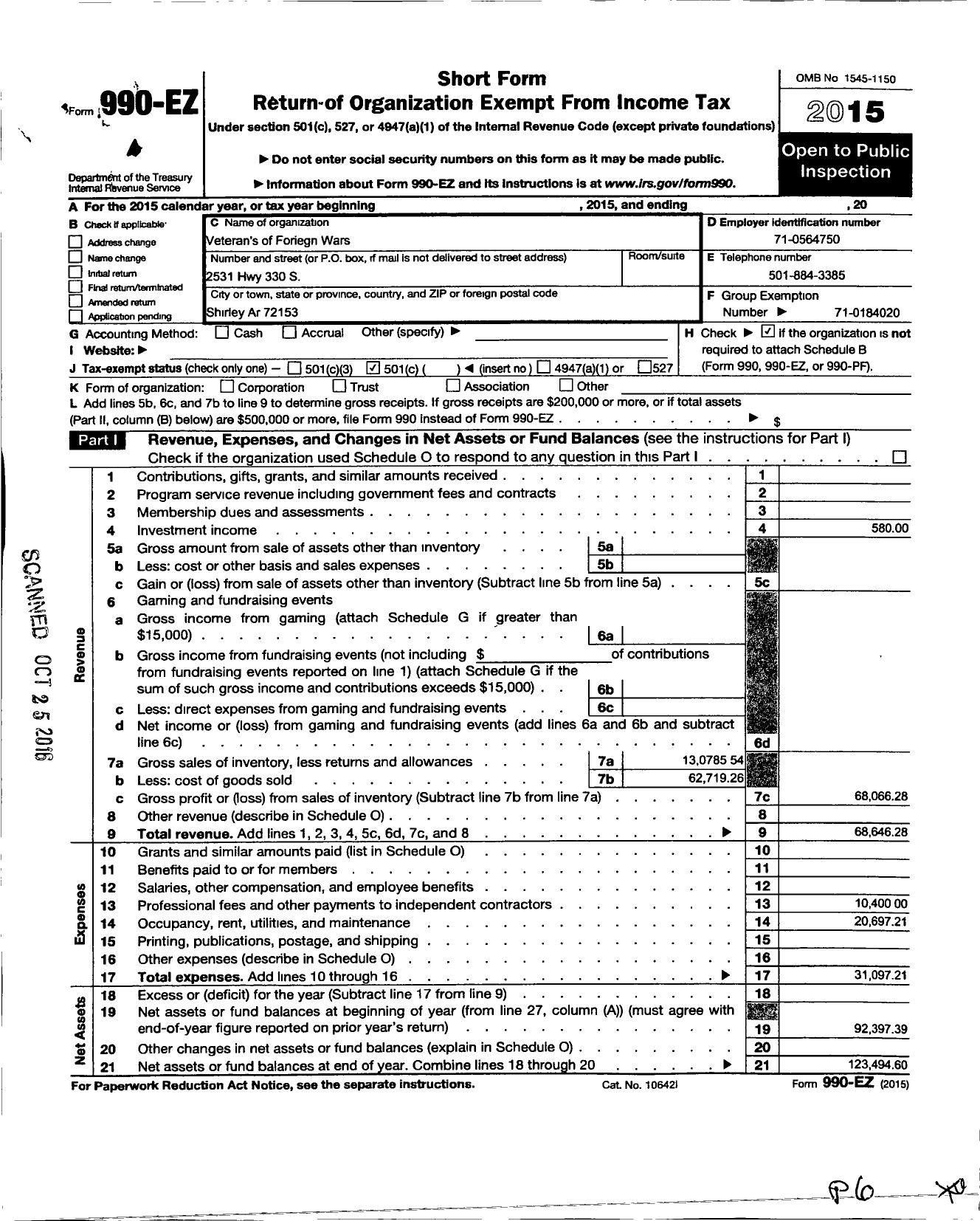 Image of first page of 2015 Form 990EO for Veterans of Foreign Wars Department of Arkansas - 4513 Fairfield Bay