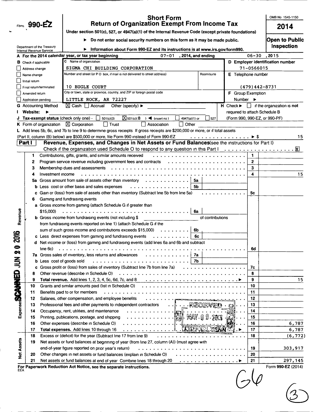 Image of first page of 2014 Form 990EO for Sigma Chi Building Corporation