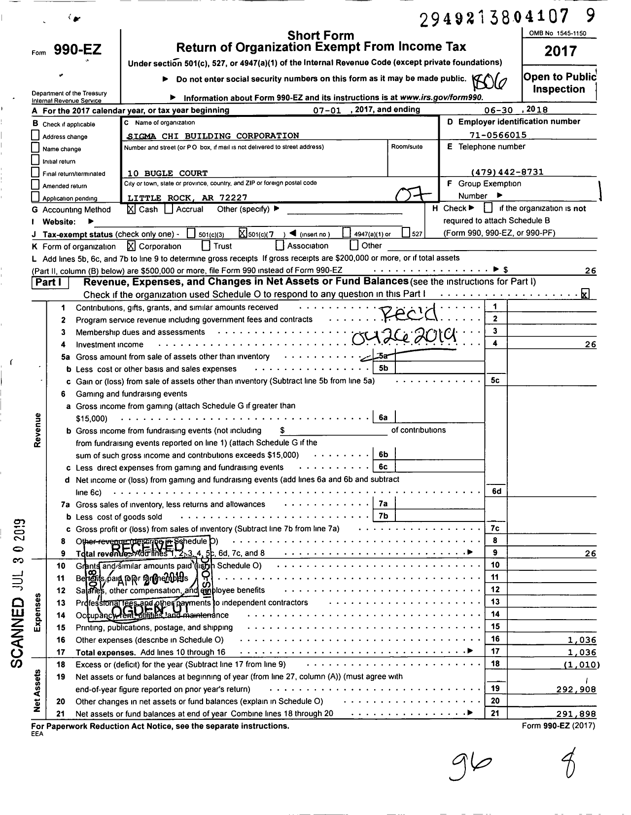 Image of first page of 2017 Form 990EO for Sigma Chi Building Corporation