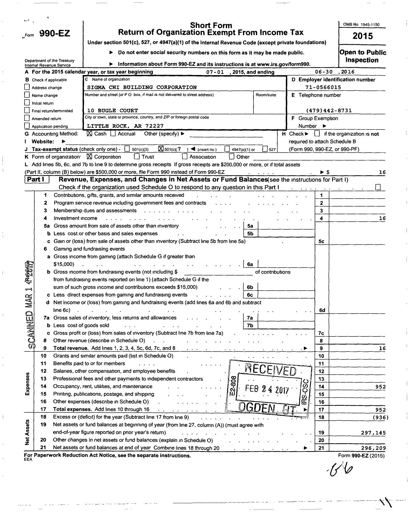 Image of first page of 2015 Form 990EO for Sigma Chi Building Corporation