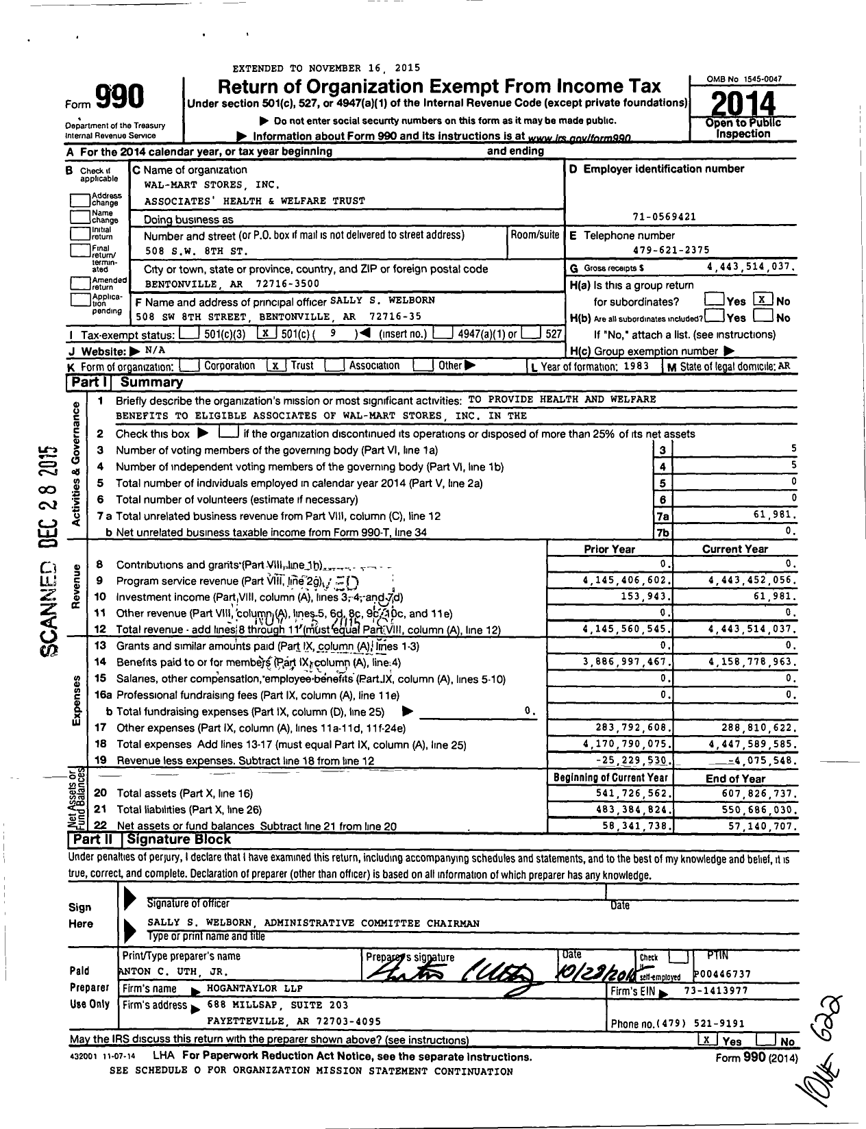 Image of first page of 2014 Form 990O for Walmart Associates' Health and Welfare Trust