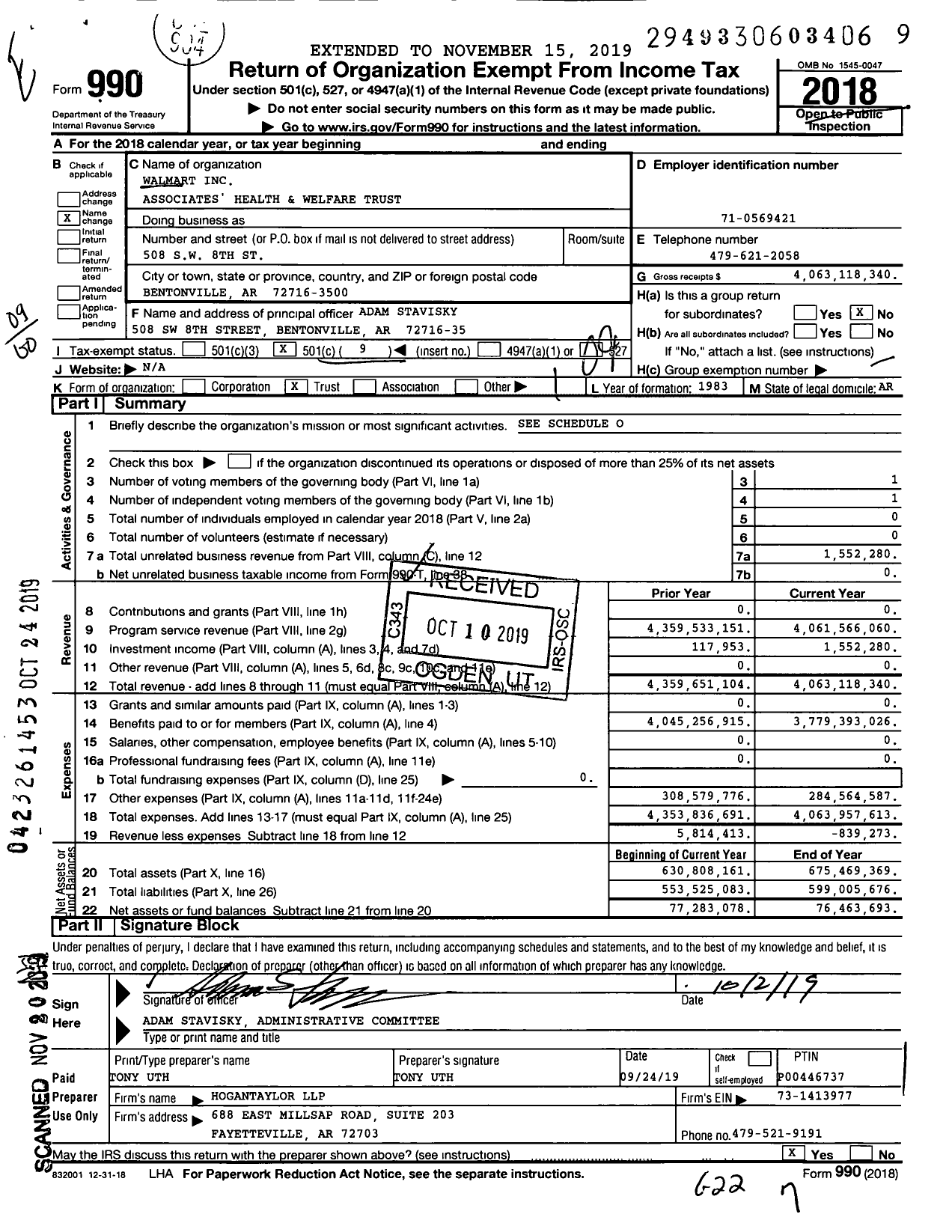 Image of first page of 2018 Form 990O for Walmart Associates' Health and Welfare Trust