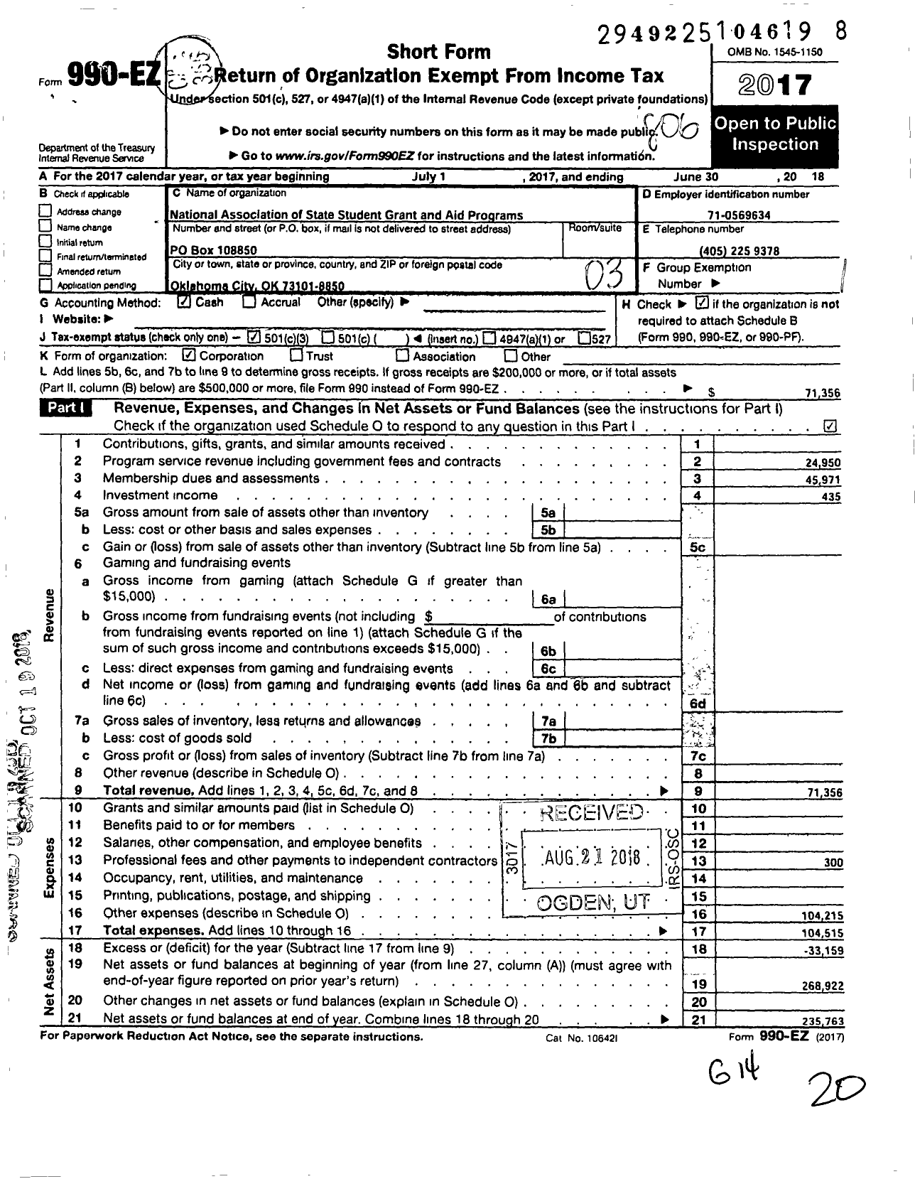 Image of first page of 2017 Form 990EZ for National Association of State Student Grant and Aid Programs