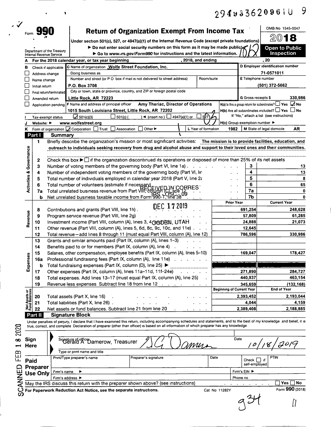 Image of first page of 2018 Form 990 for Wolfe Street Foundation