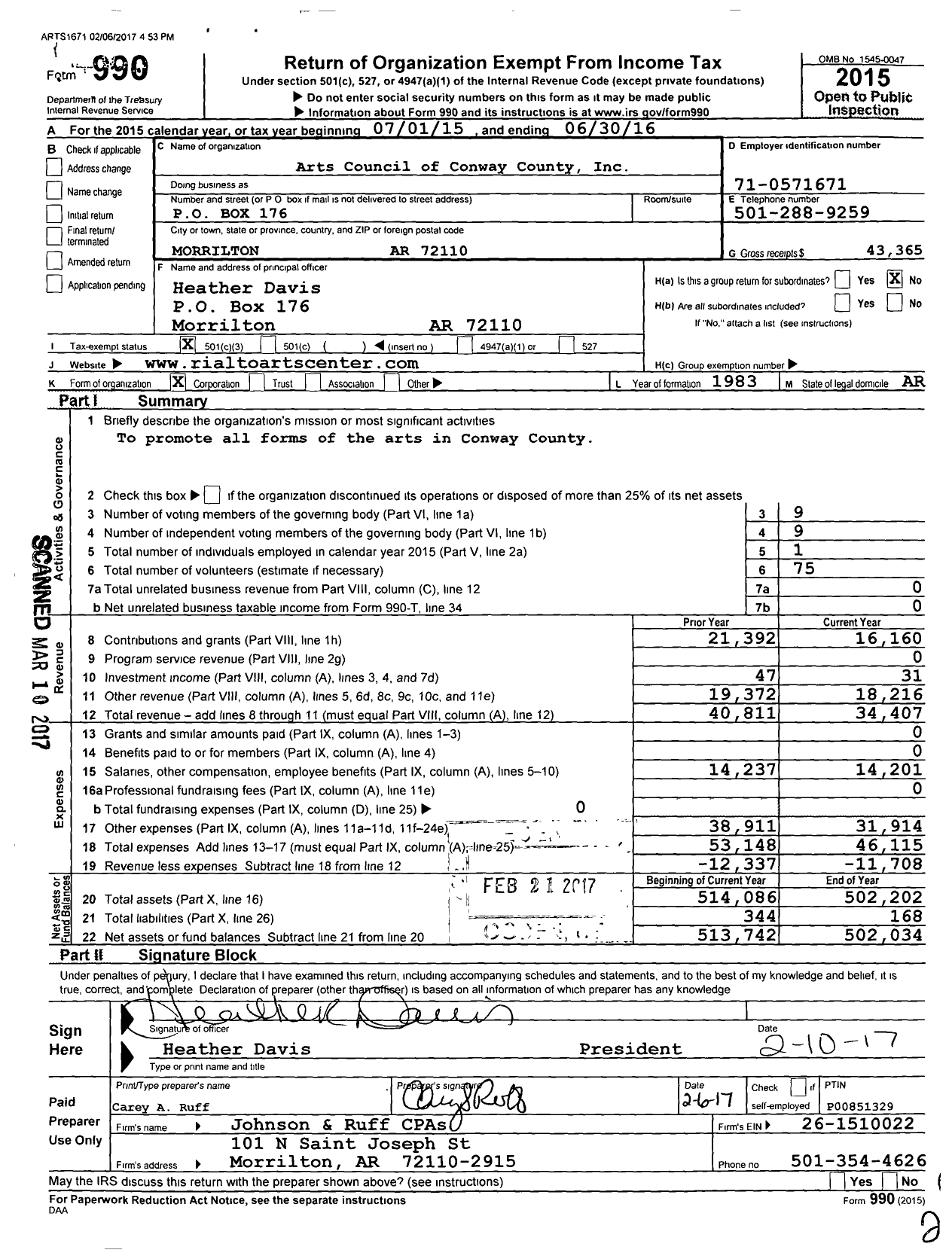 Image of first page of 2015 Form 990 for Arts Council of Conway County