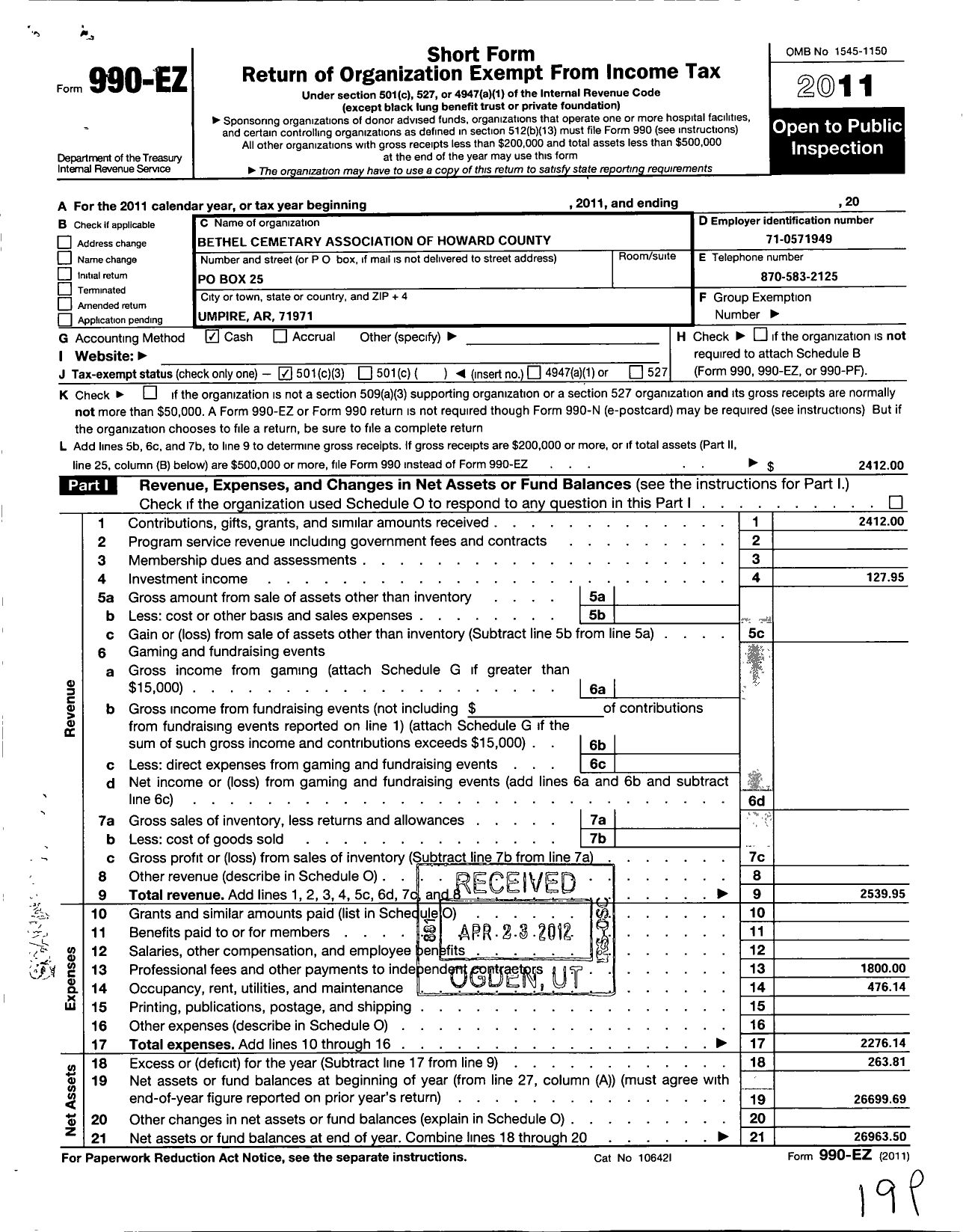 Image of first page of 2011 Form 990EZ for Bethel Cemetery Association of Howard County