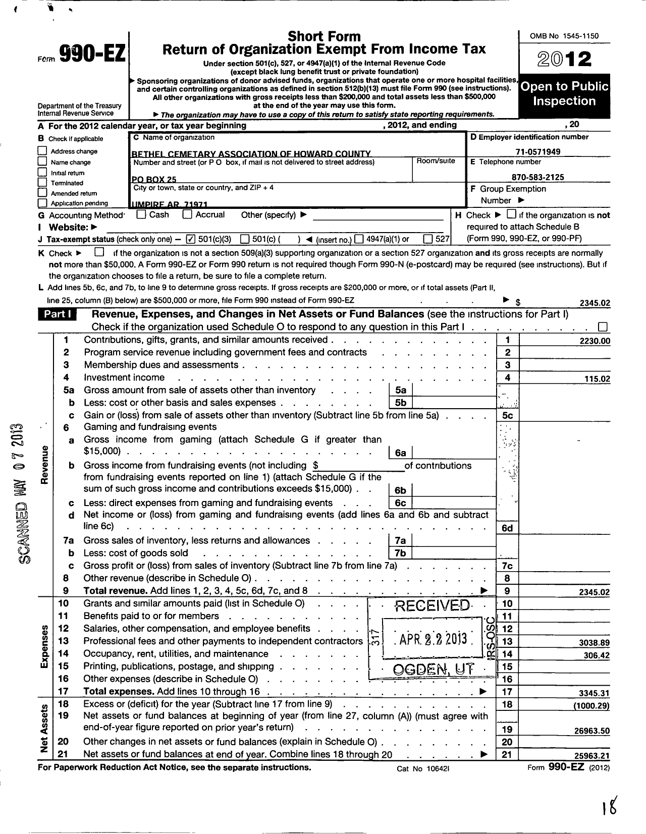 Image of first page of 2012 Form 990EZ for Bethel Cemetery Association of Howard County