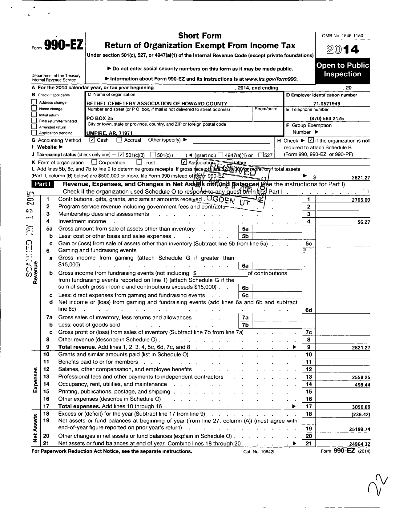 Image of first page of 2014 Form 990EZ for Bethel Cemetery Association of Howard County